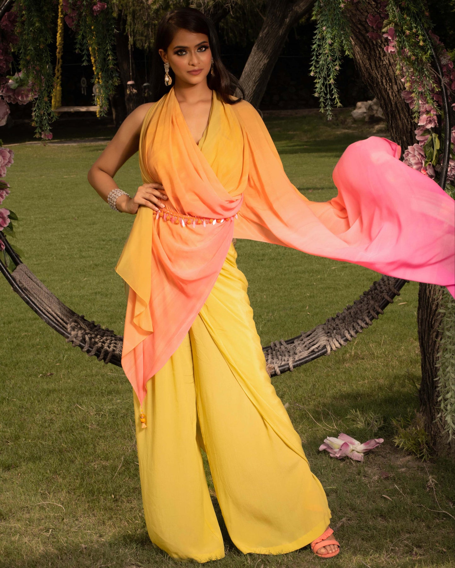 Yellow pink draped TOP and PANTS