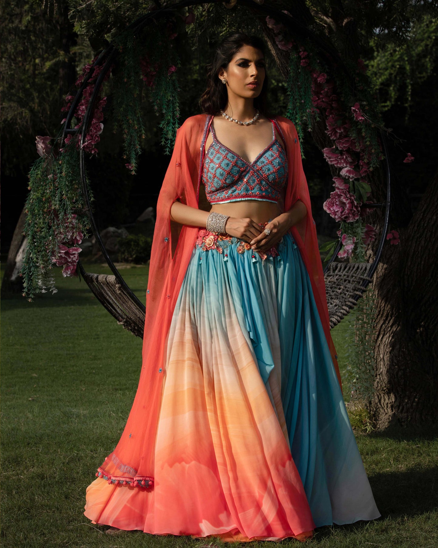 Blue Coral Lehenga, Blouse, Cape