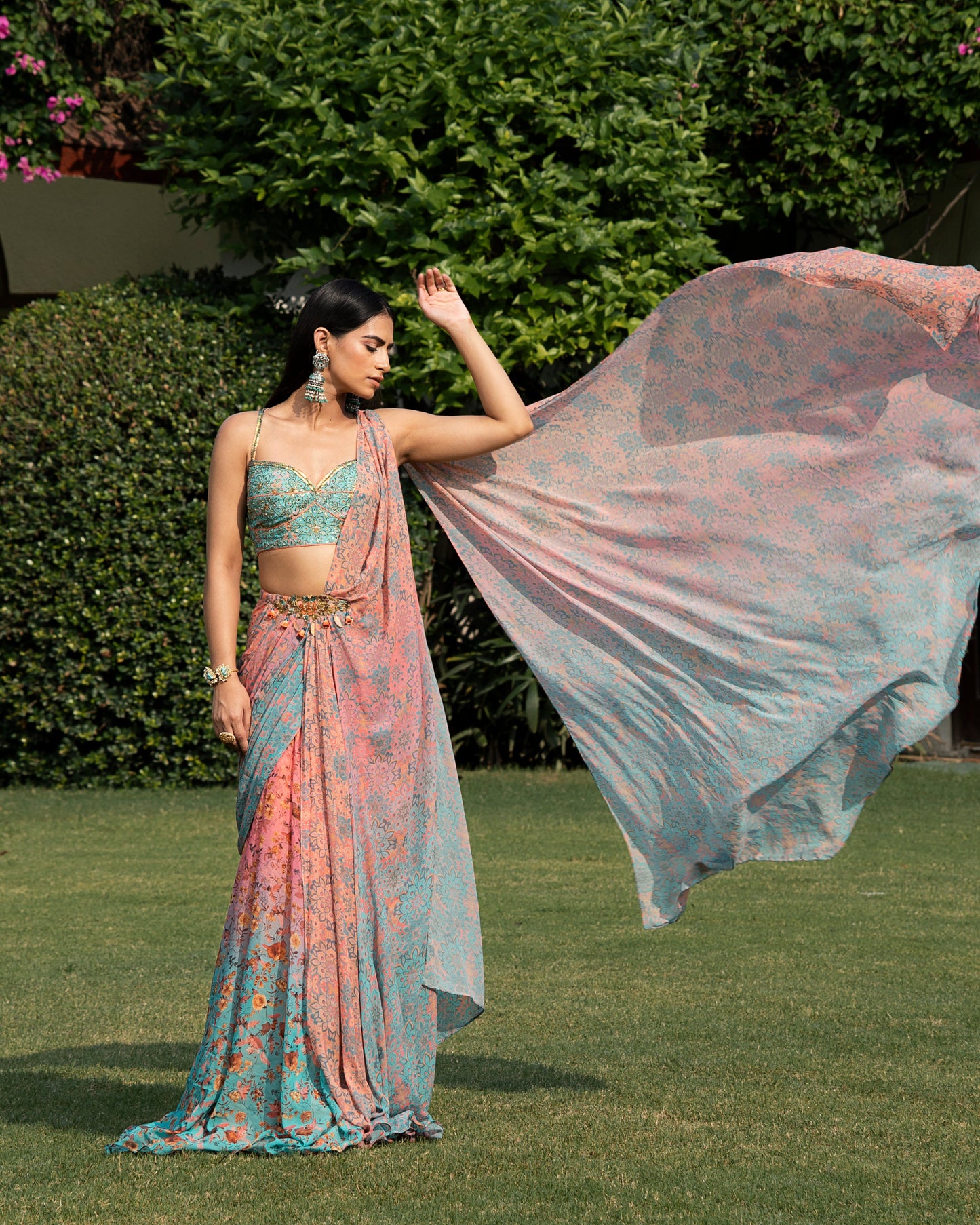 Fleur peach-blue concept saree