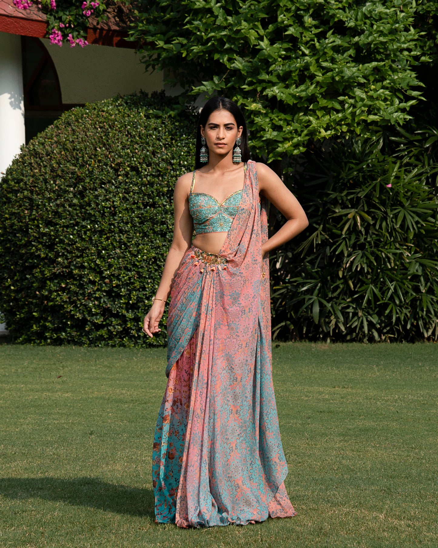 Fleur peach-blue concept saree