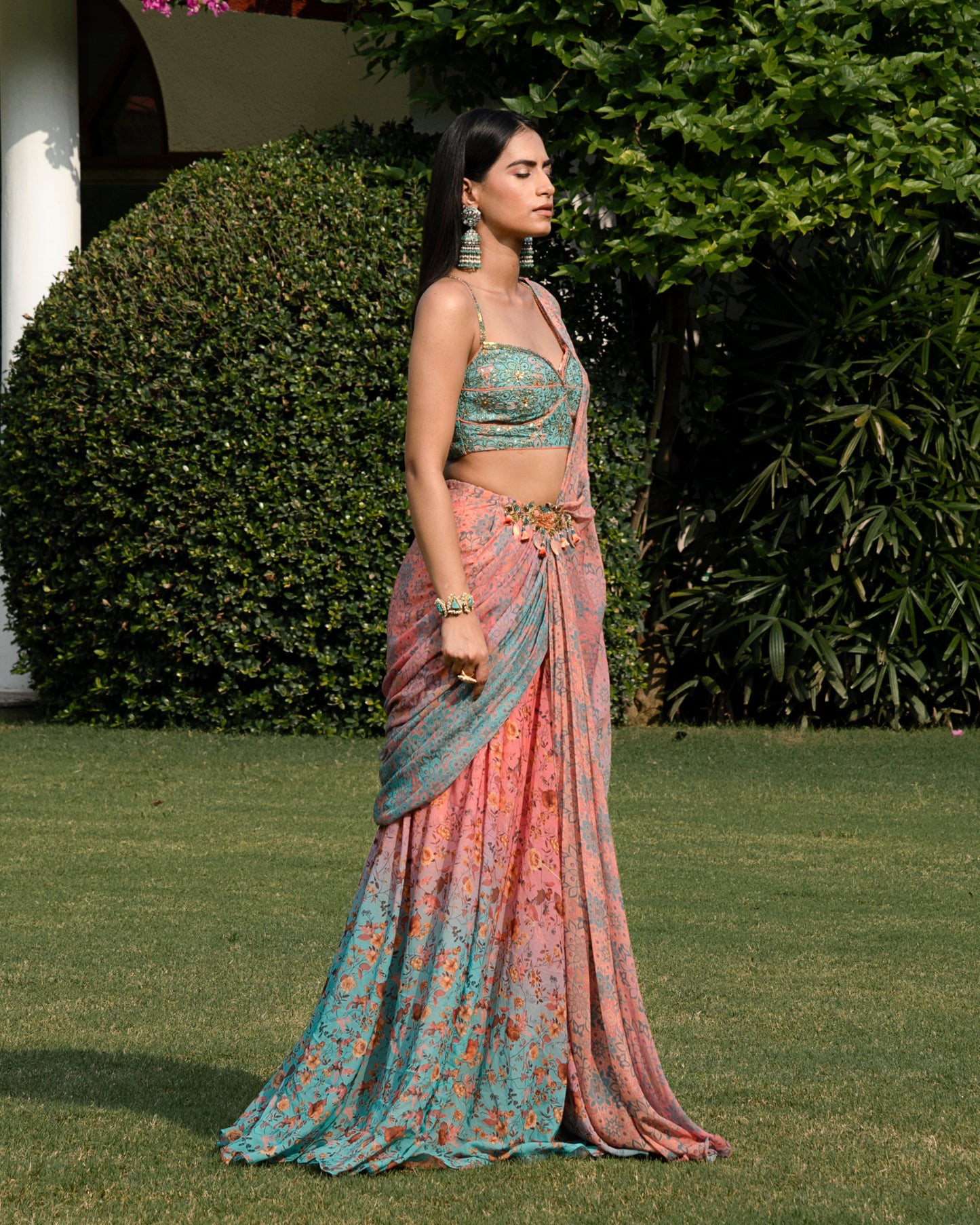 Fleur peach-blue concept saree