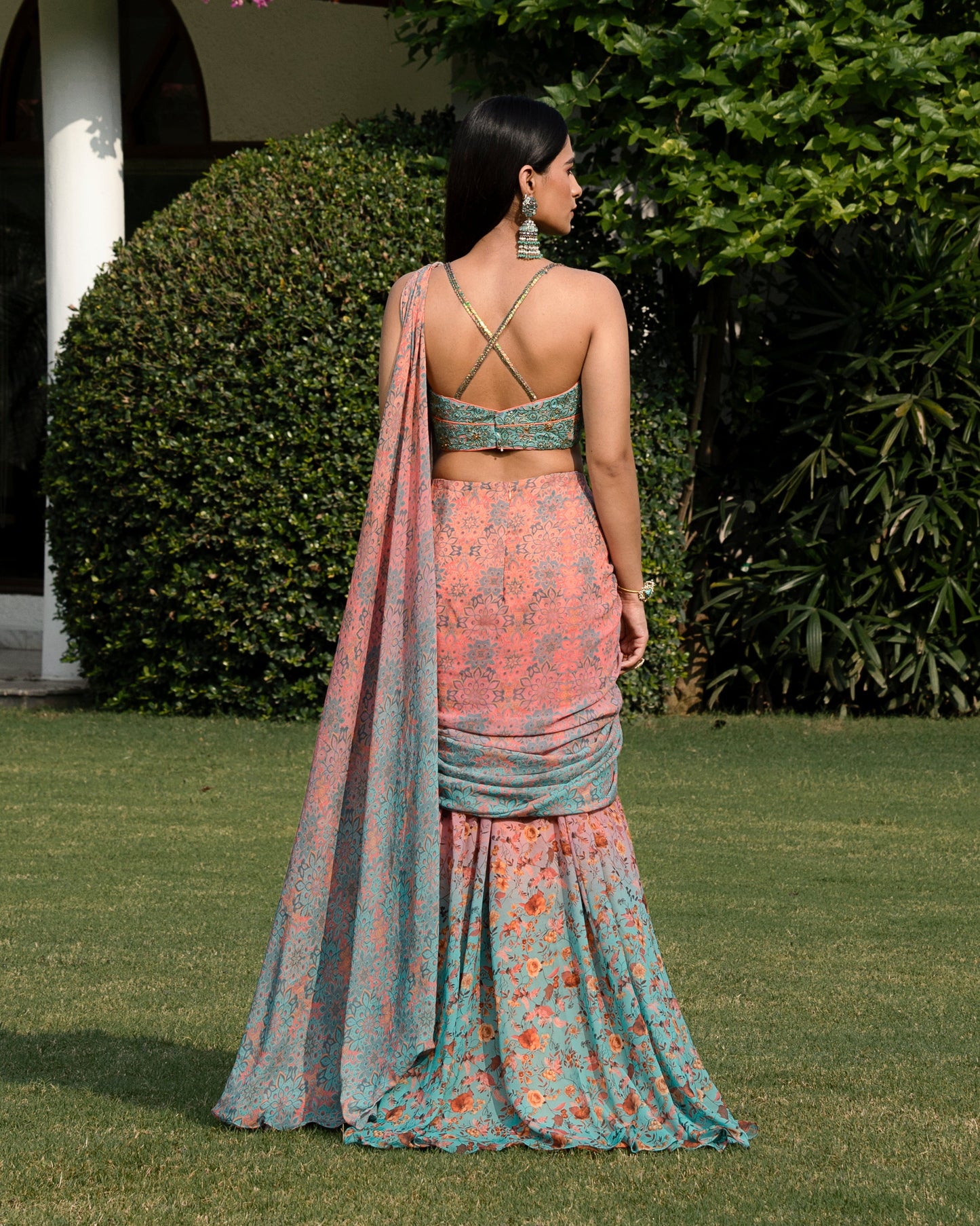 Fleur peach-blue concept saree