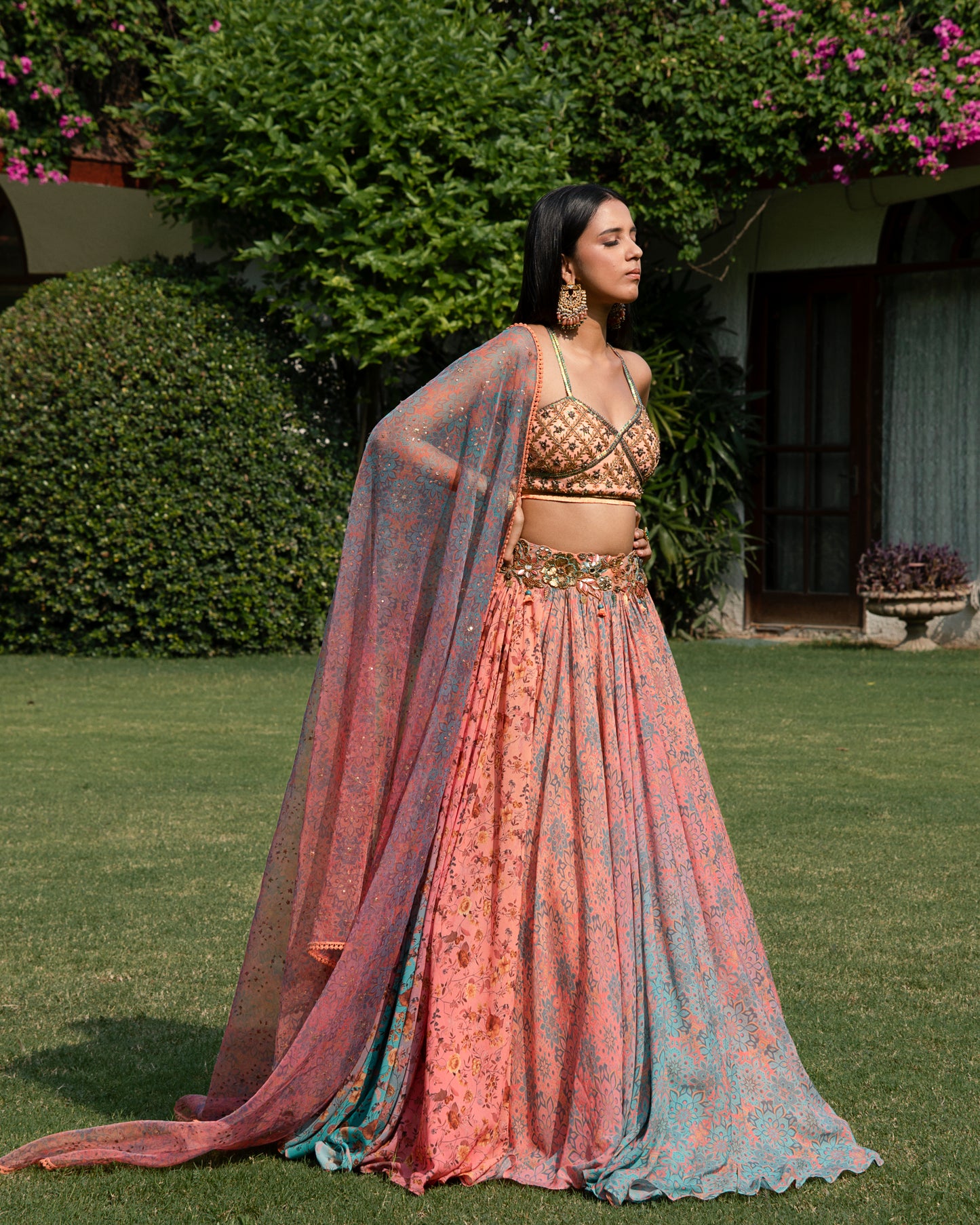 Fleur peach-blue lehenga set