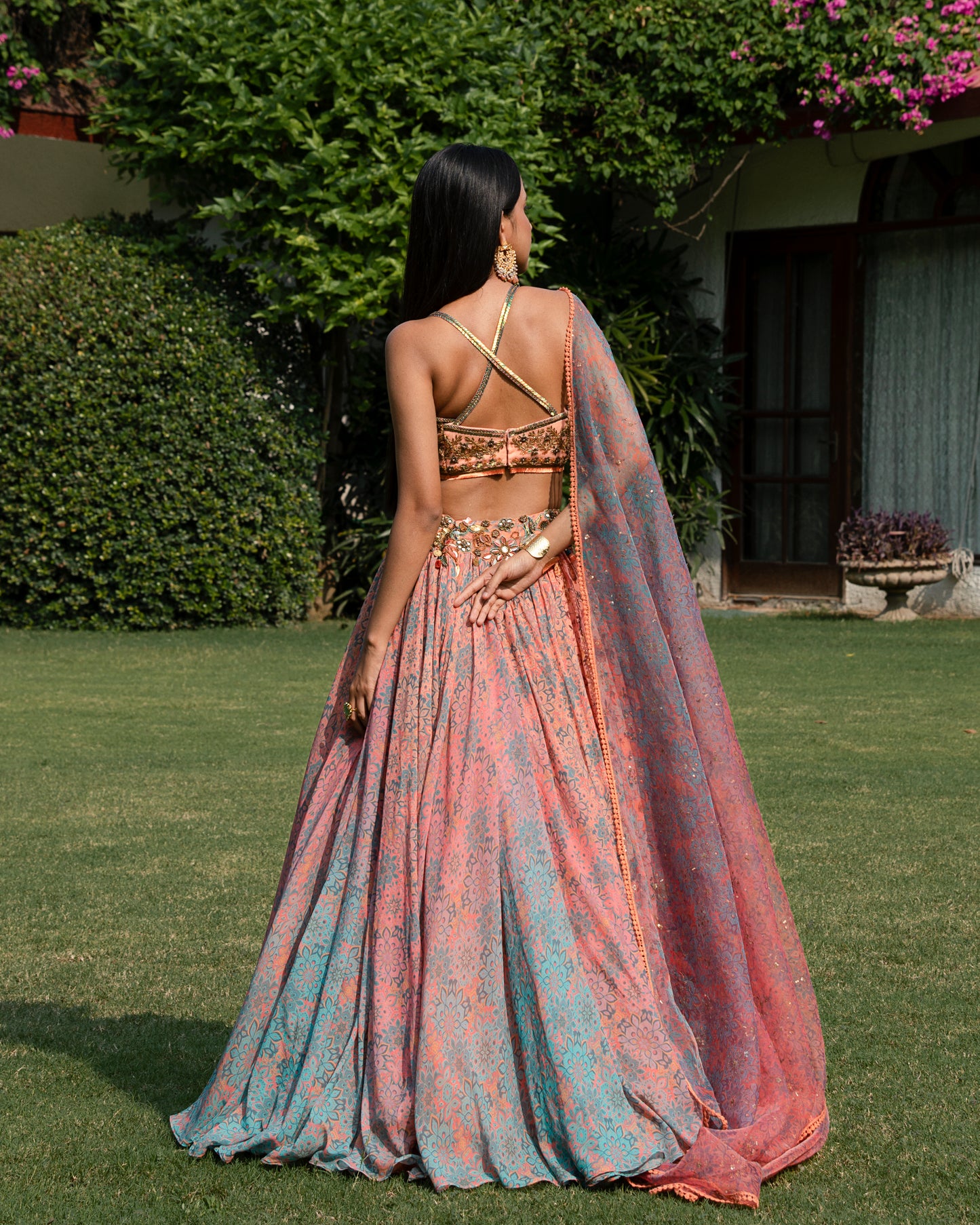 Fleur peach-blue lehenga set