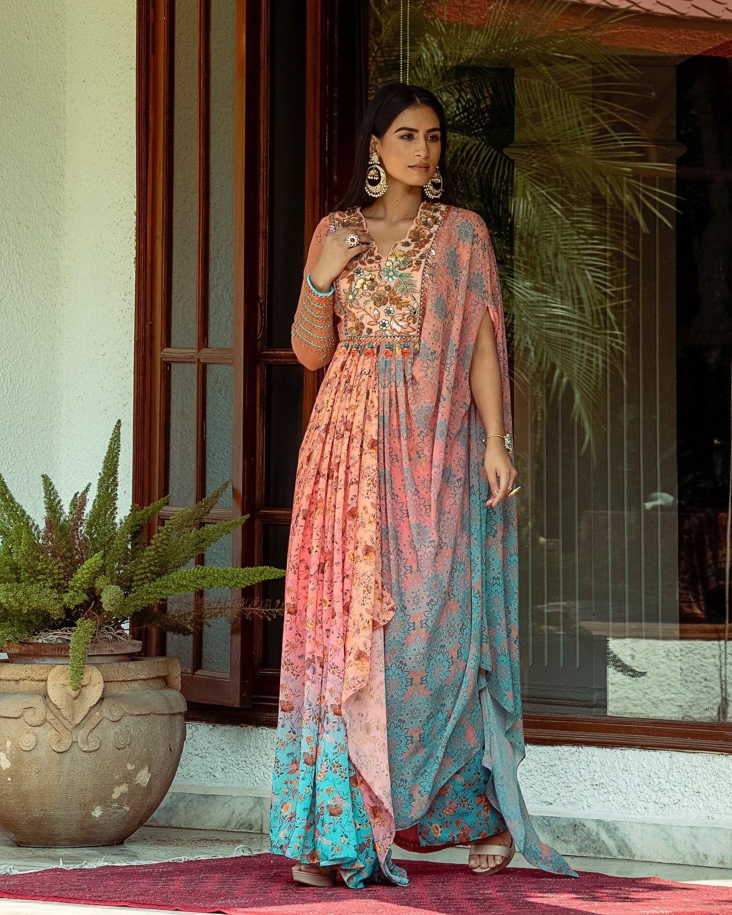 Fleur peach-blue draped anarkali