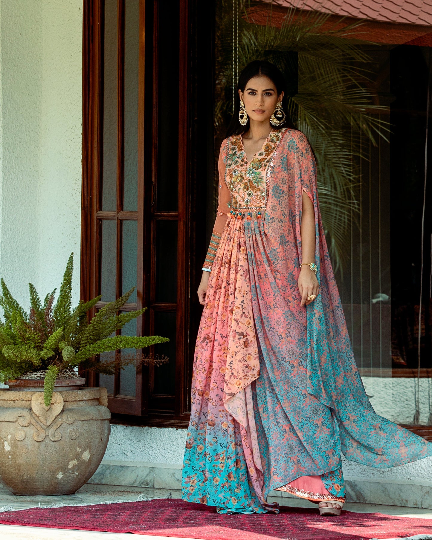 Fleur peach-blue draped anarkali