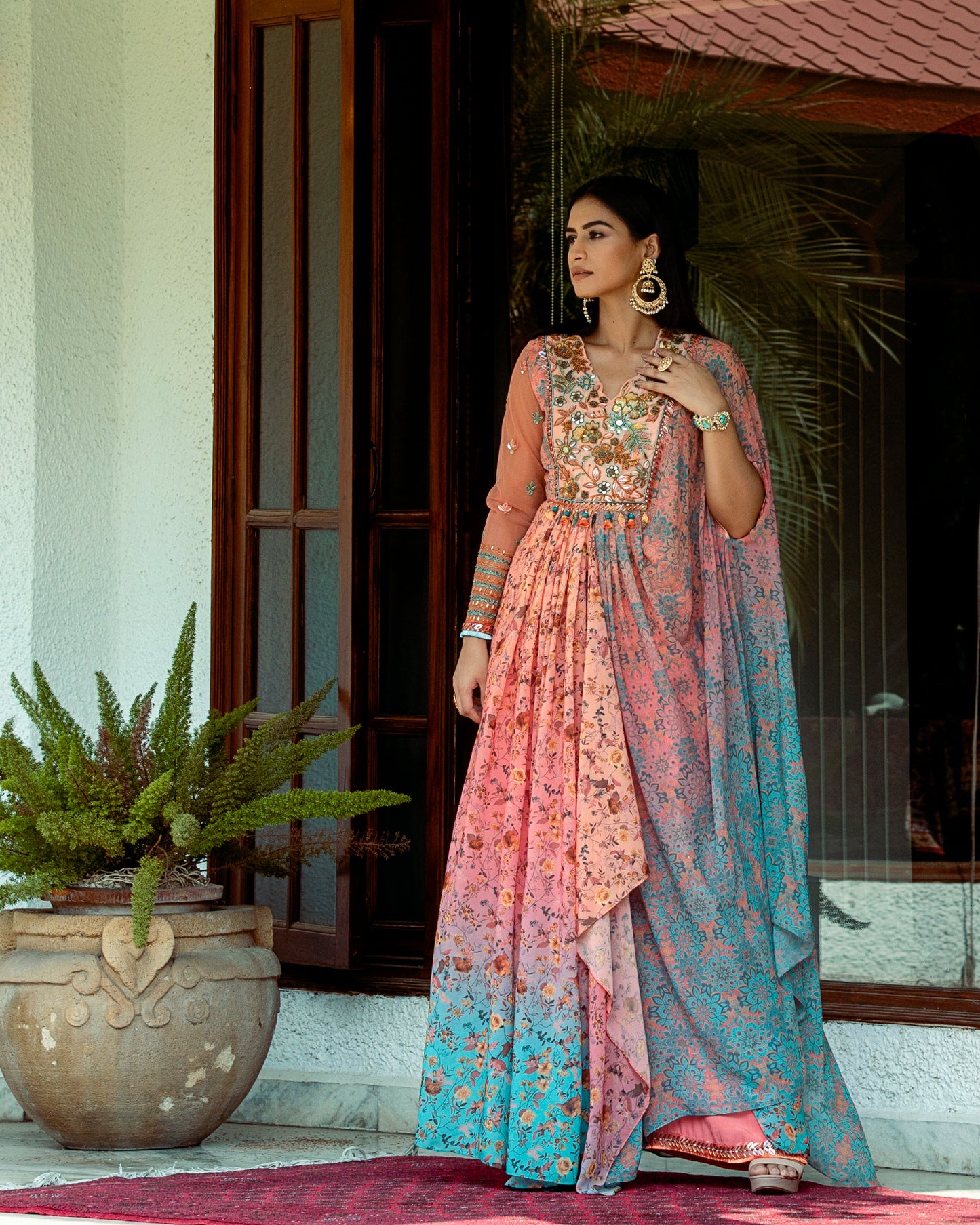 Fleur peach-blue draped anarkali