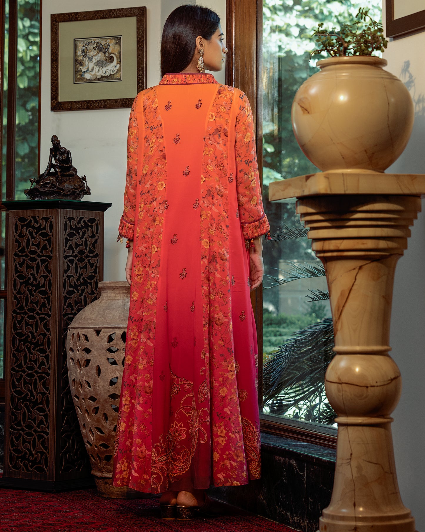 Fleur orange kalidar kurta set