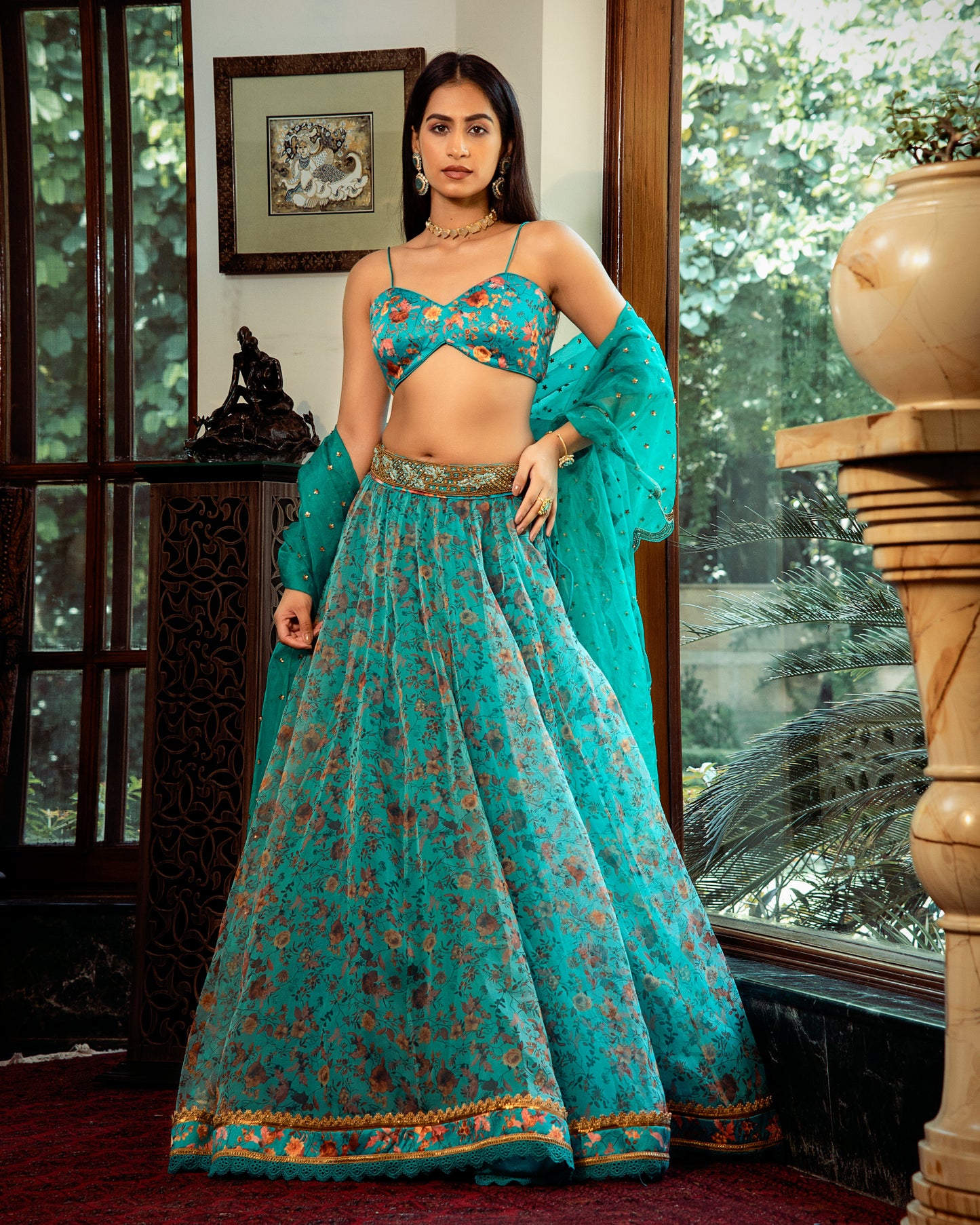 Blue fleur lehenga, bustier, dupatta