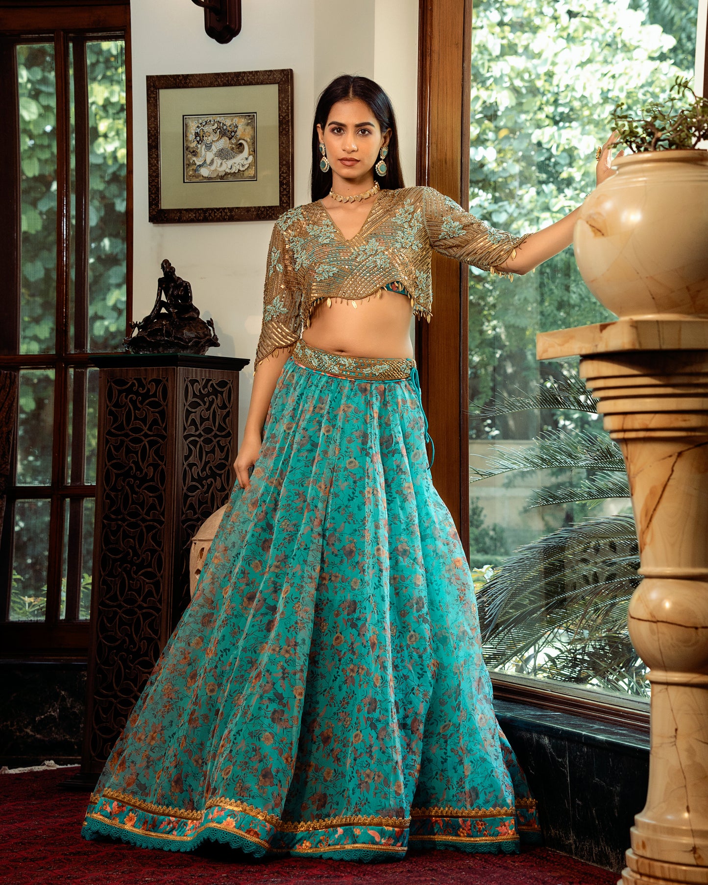 Blue fleur lehenga, bustier, top