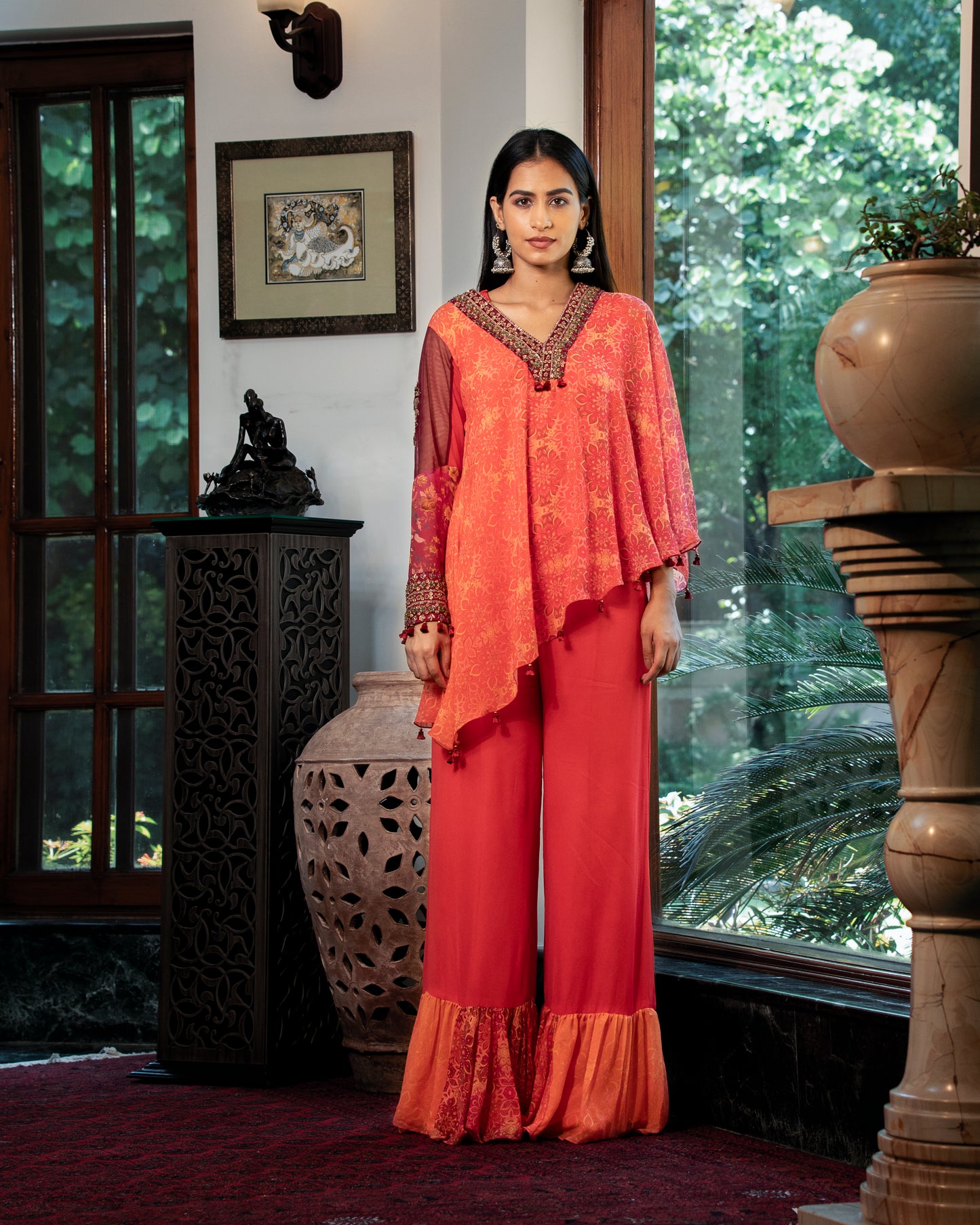 Fleur Orange Asymmetrical Kurti And Pants