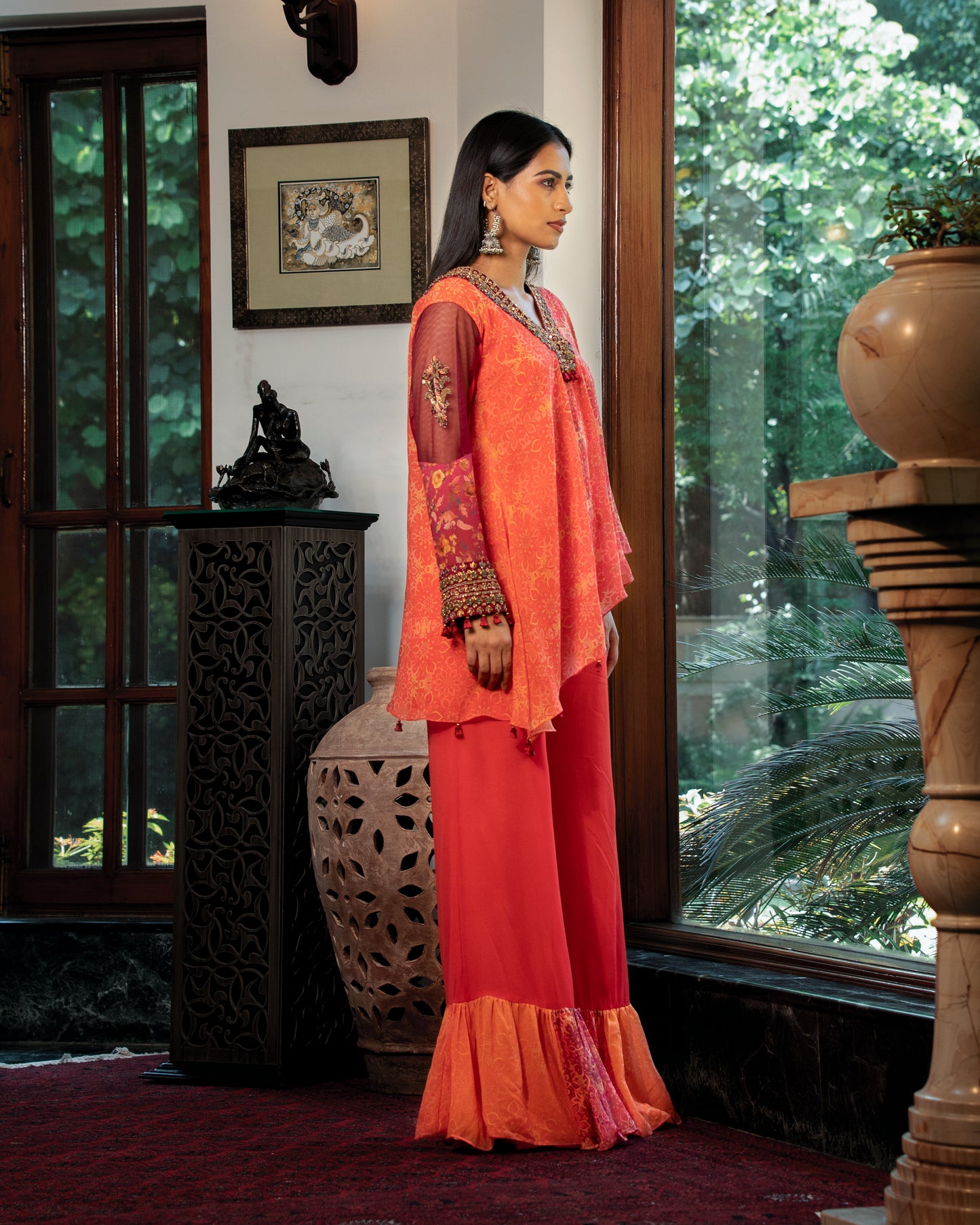 Fleur Orange Asymmetrical Kurti And Pants