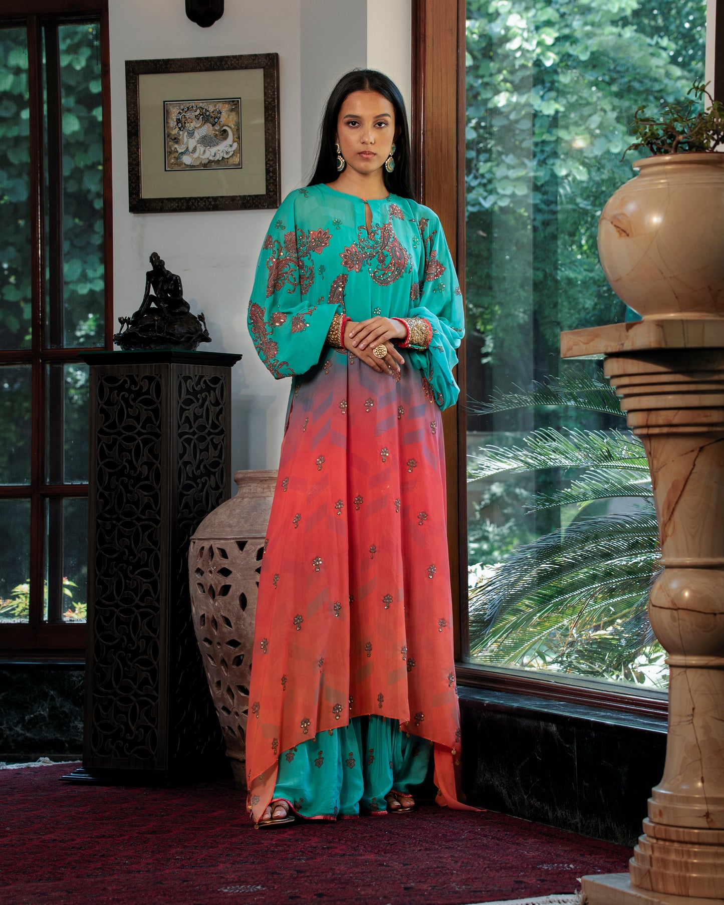 Fleur peach-blue kurta and gharara set