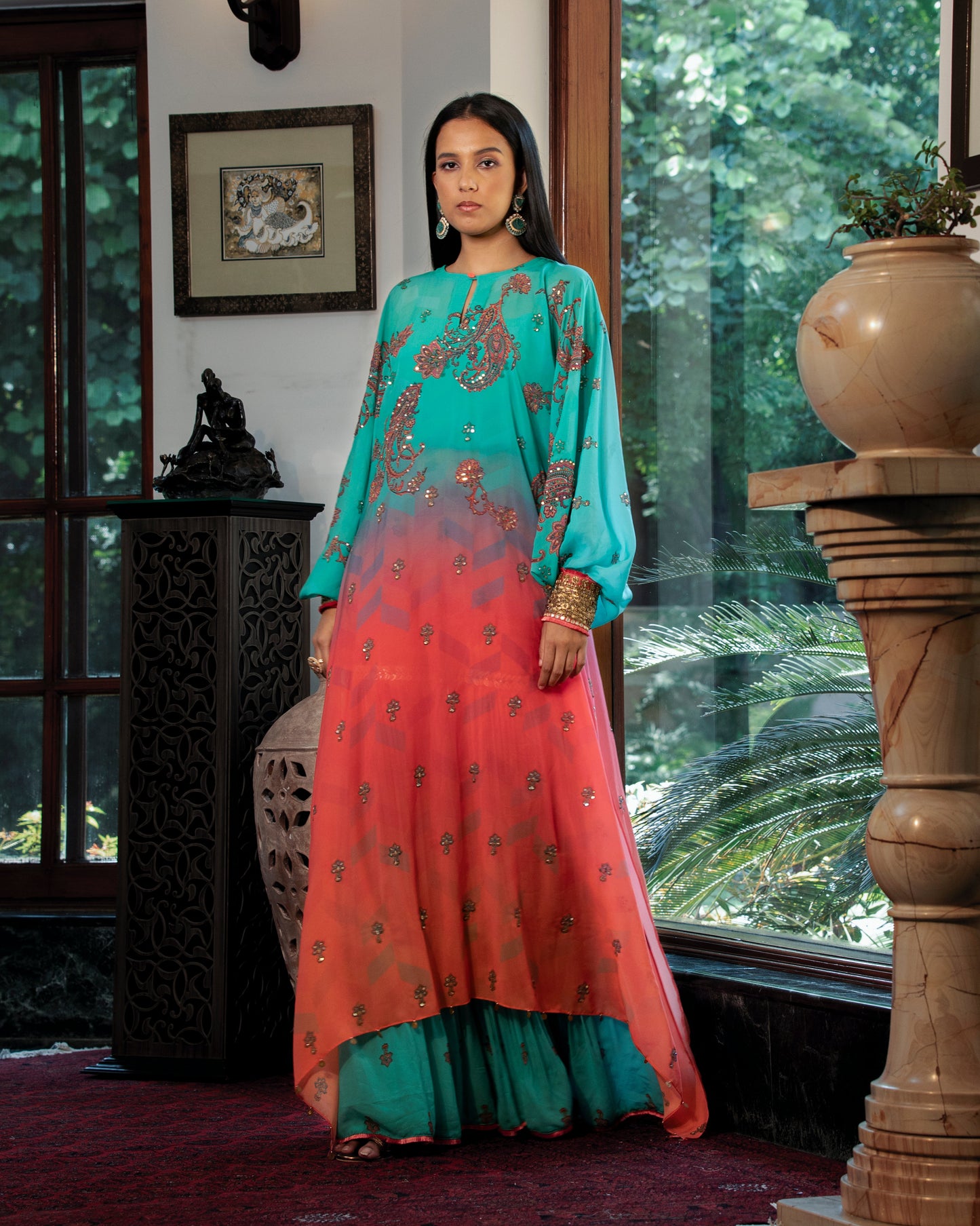 Fleur peach-blue kurta and gharara set