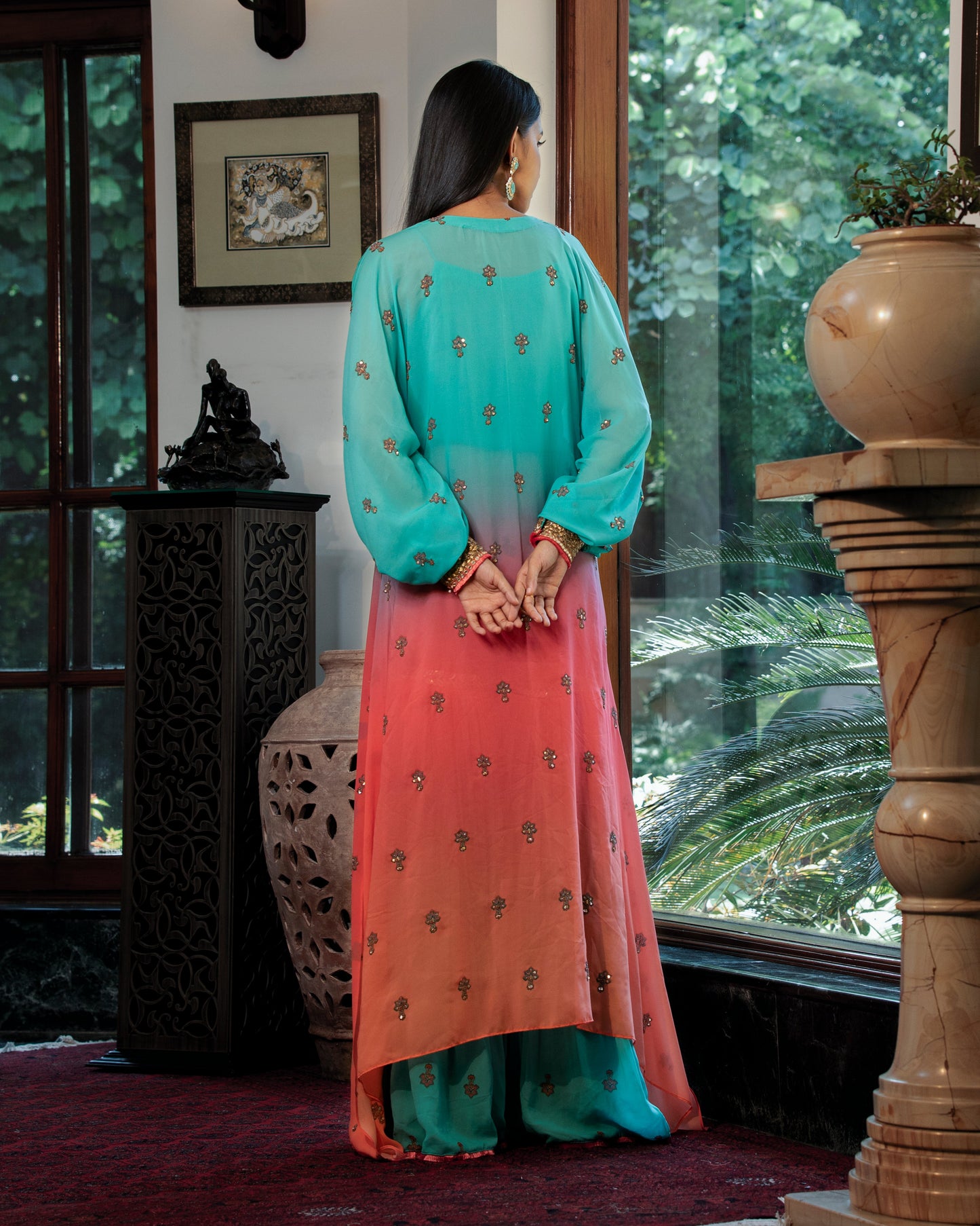 Fleur peach-blue kurta and gharara set