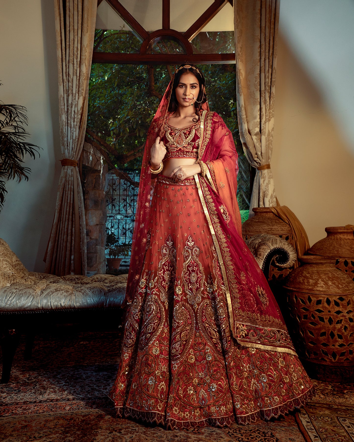 Surkh rust-maroon bridal lehenga