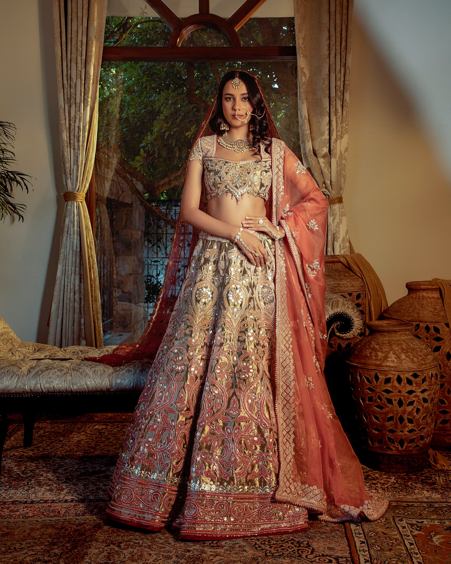 Surkh gold-old rose lehenga