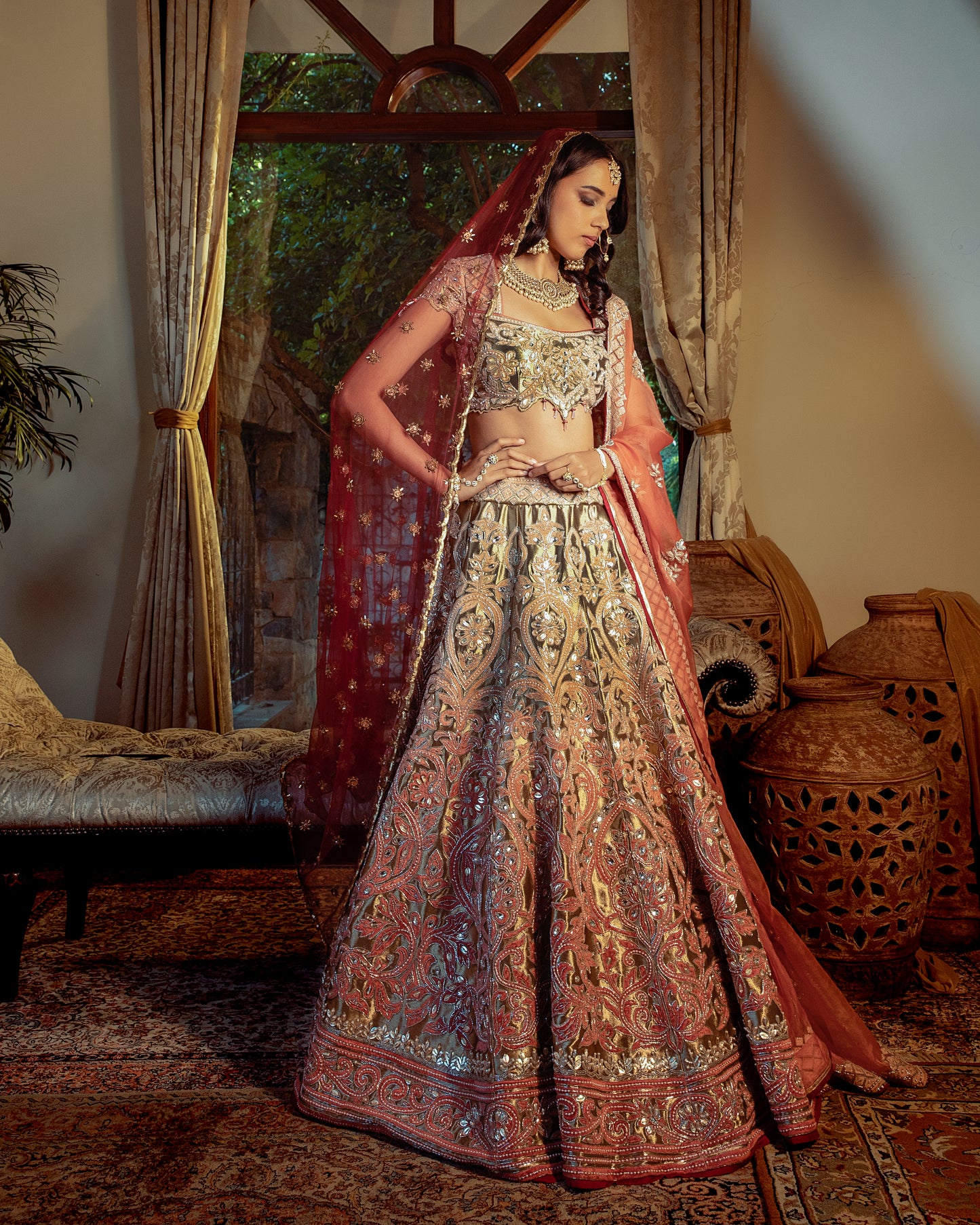 Surkh gold-old rose lehenga