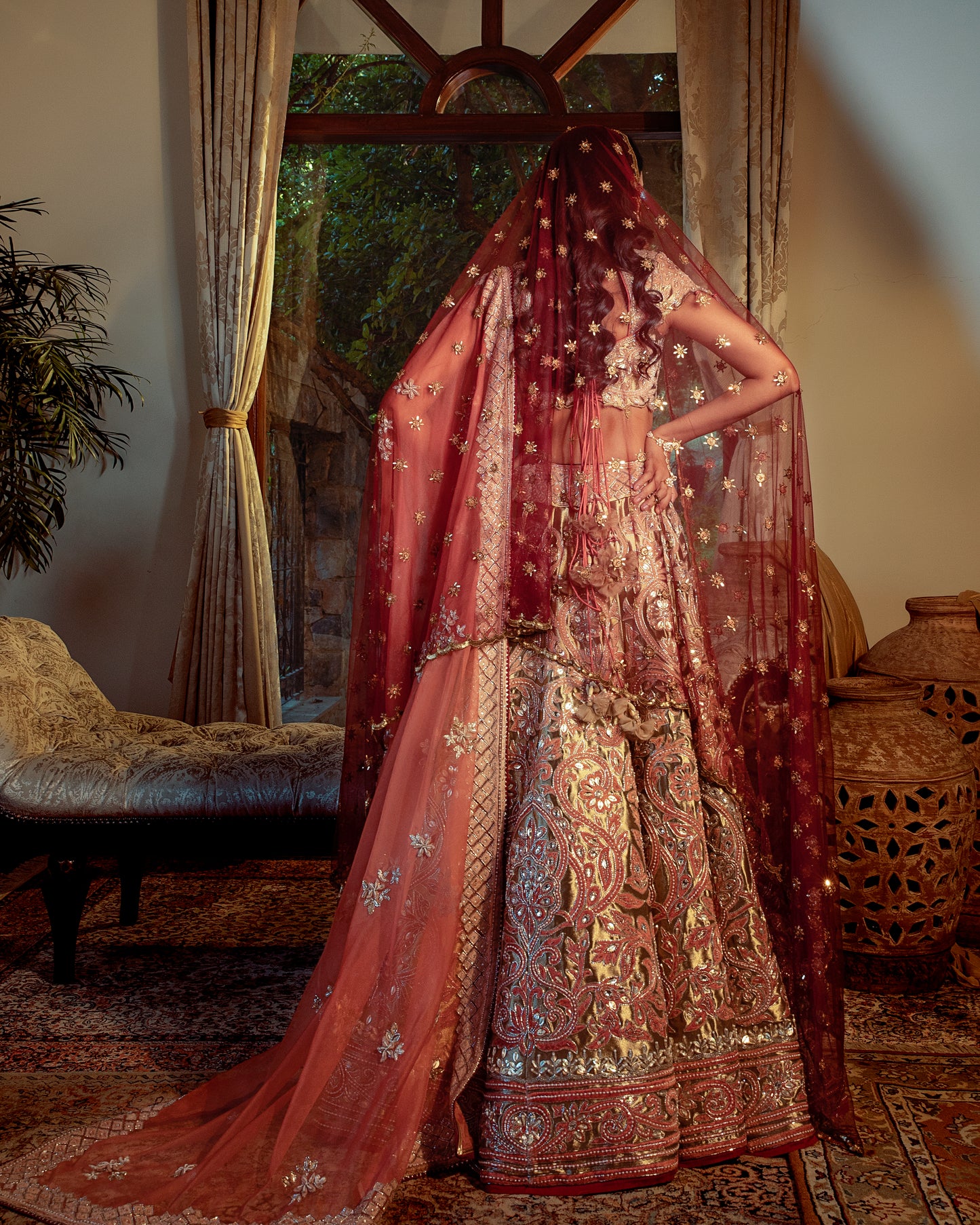 Surkh gold-old rose lehenga