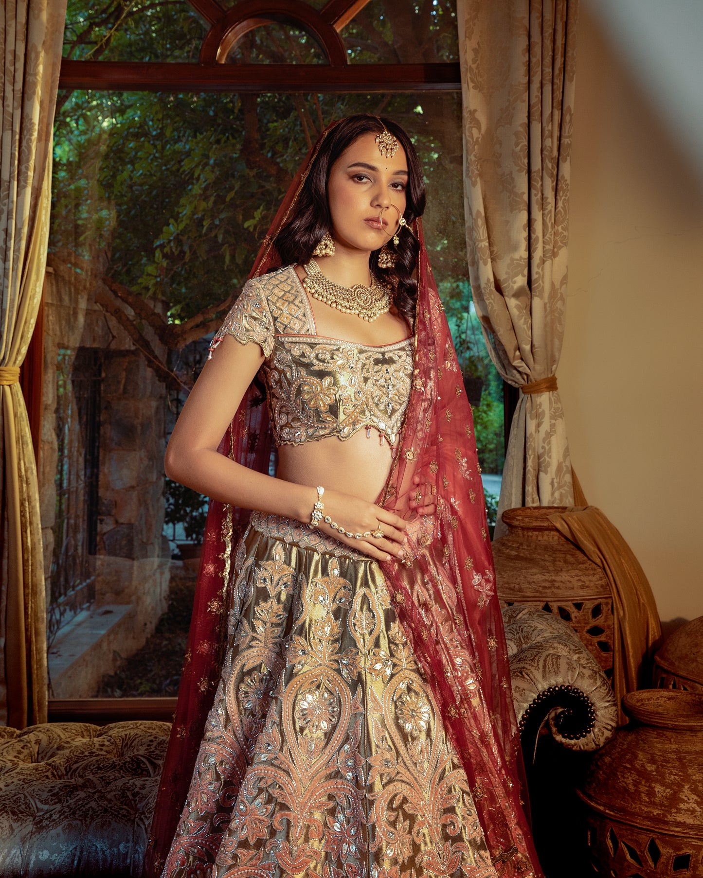 Surkh gold-old rose lehenga