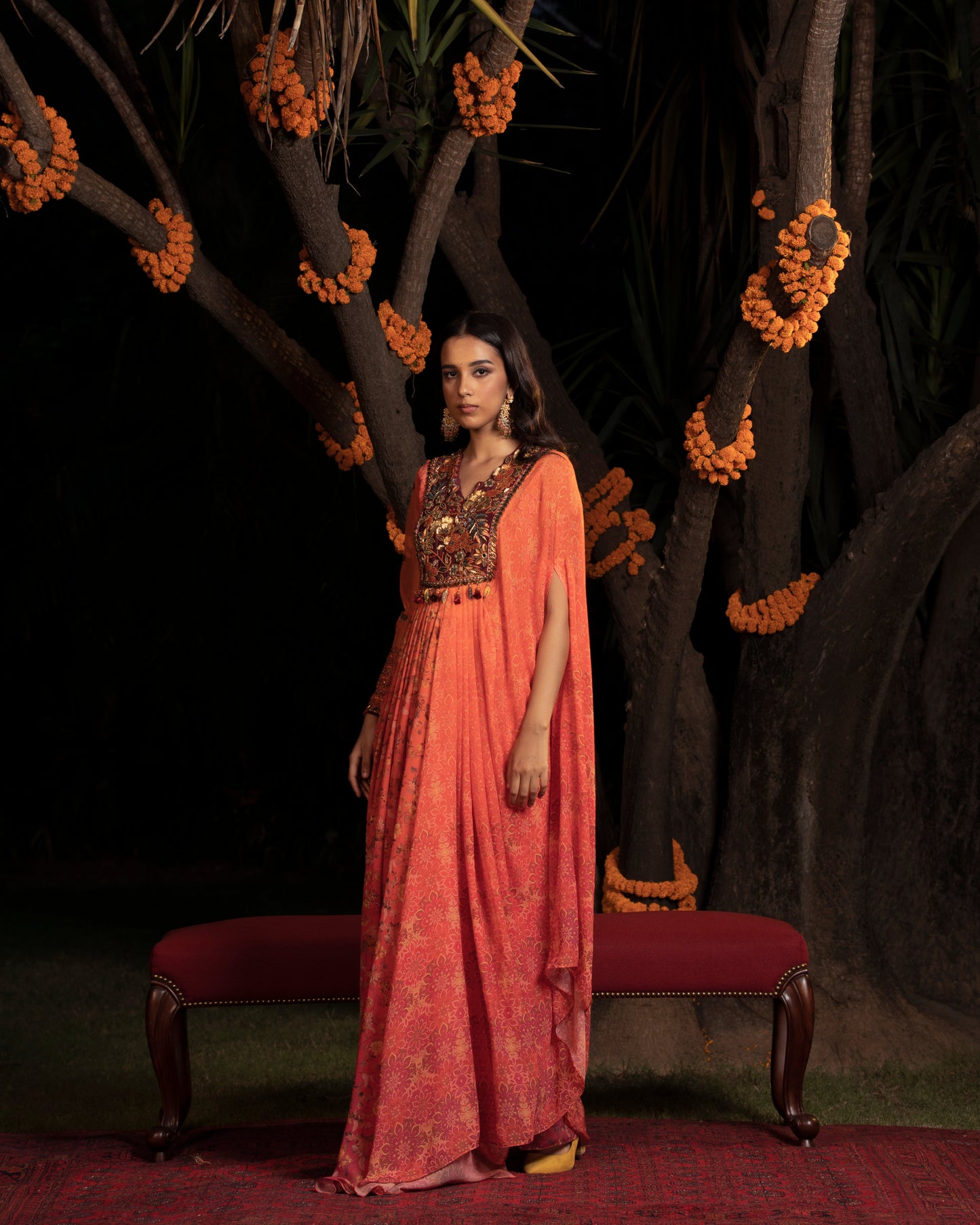 Fleur orange draped anarkali