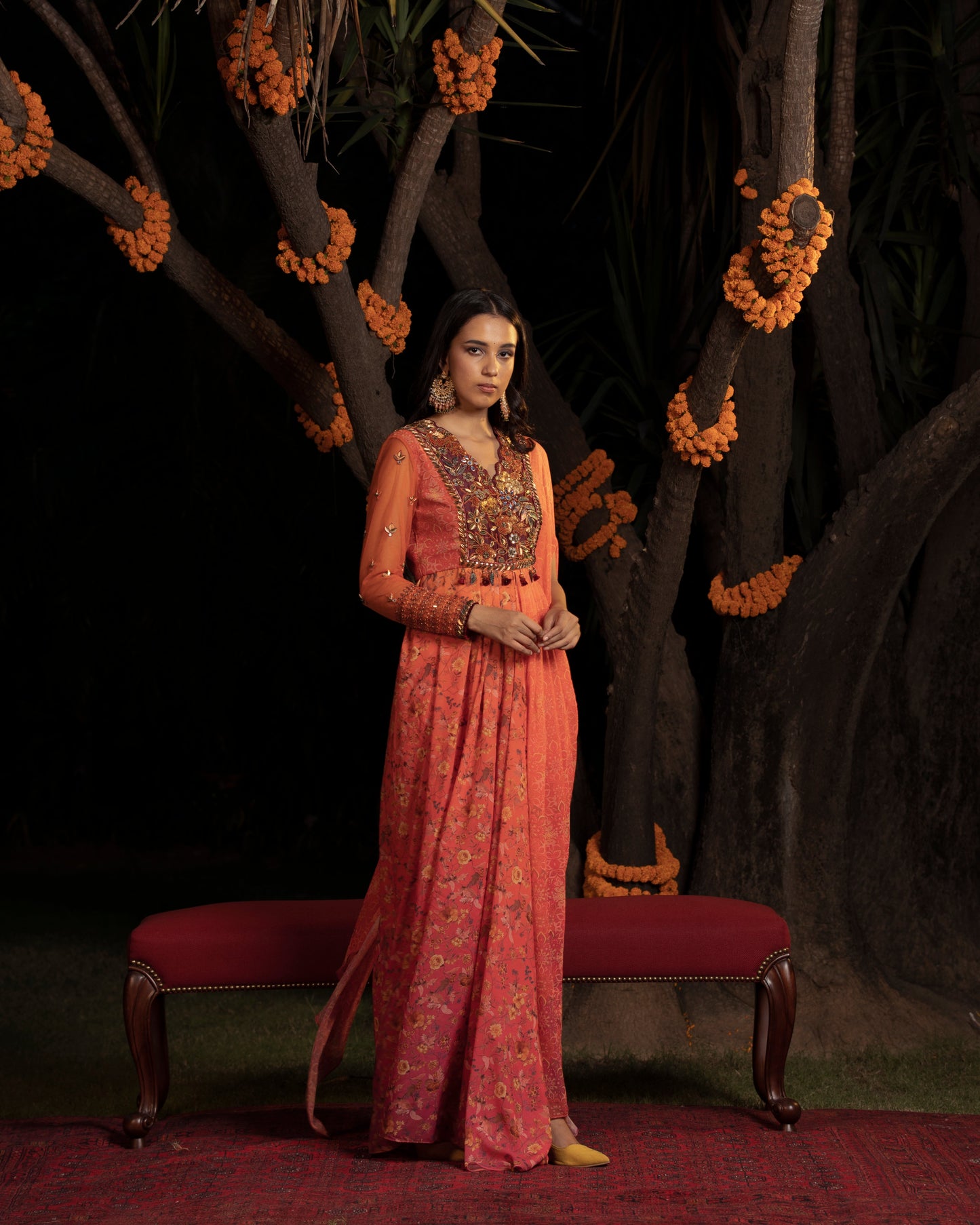 Fleur orange draped anarkali