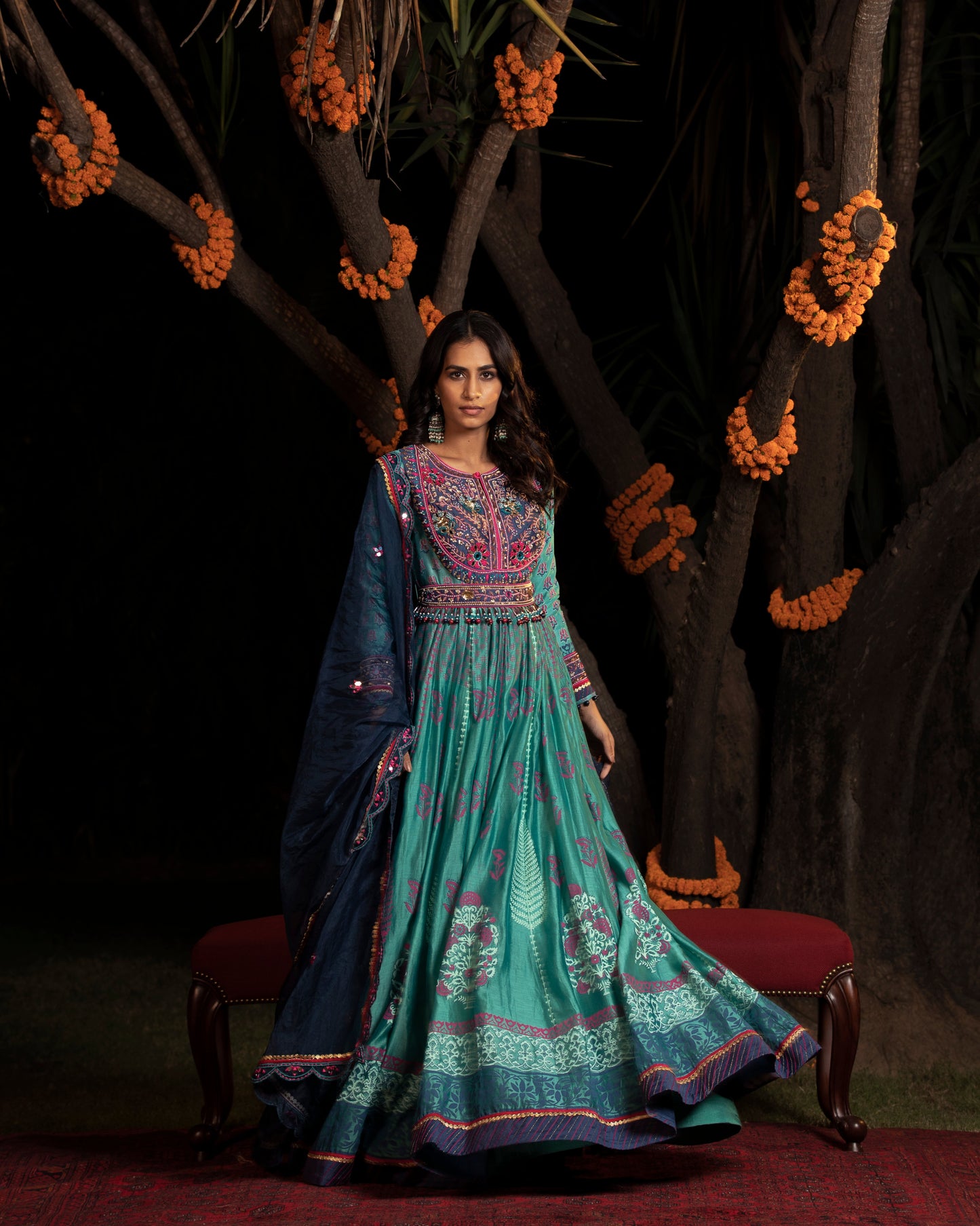 Blue Block Print Anarkali Set