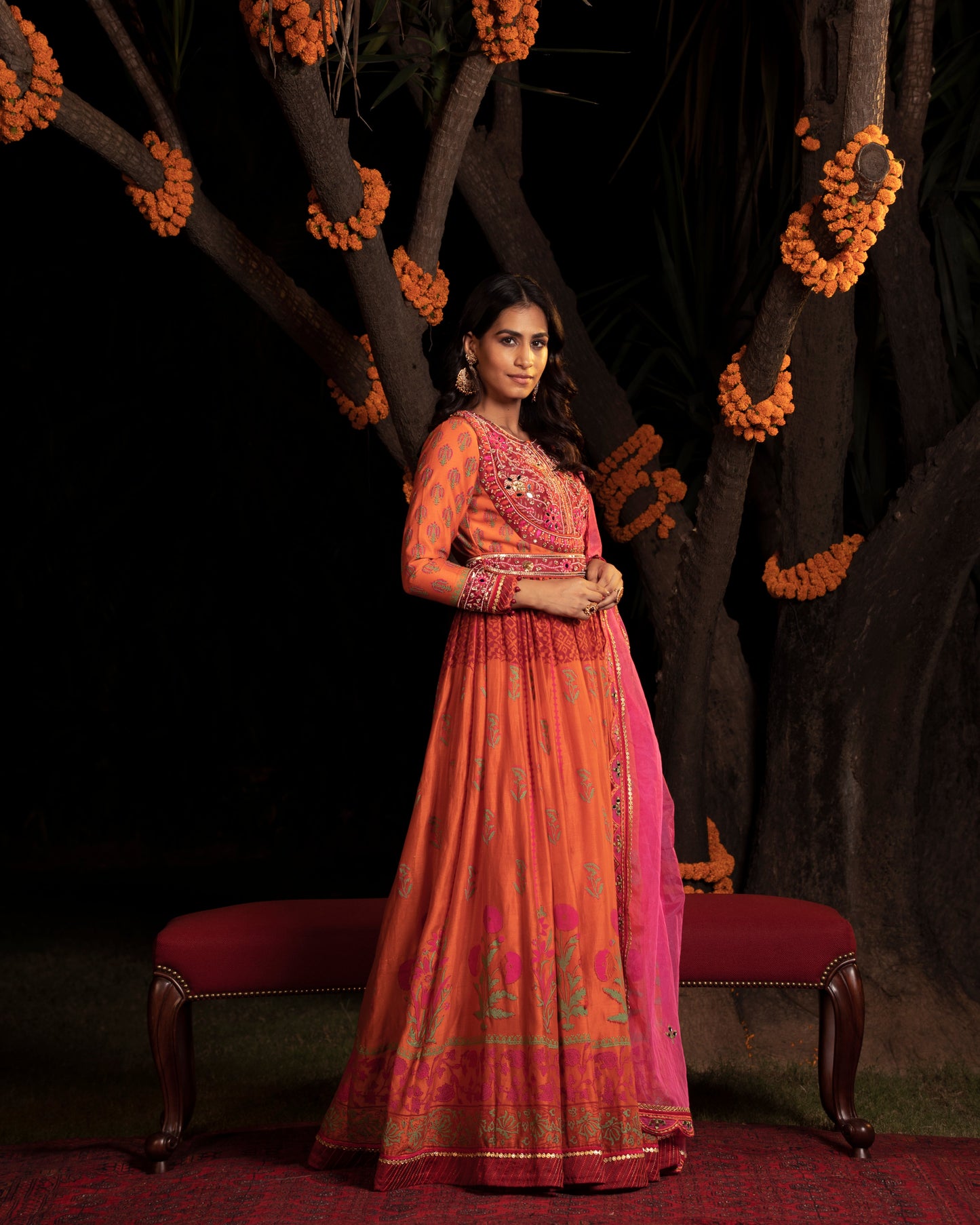 Orange block print anarkali set