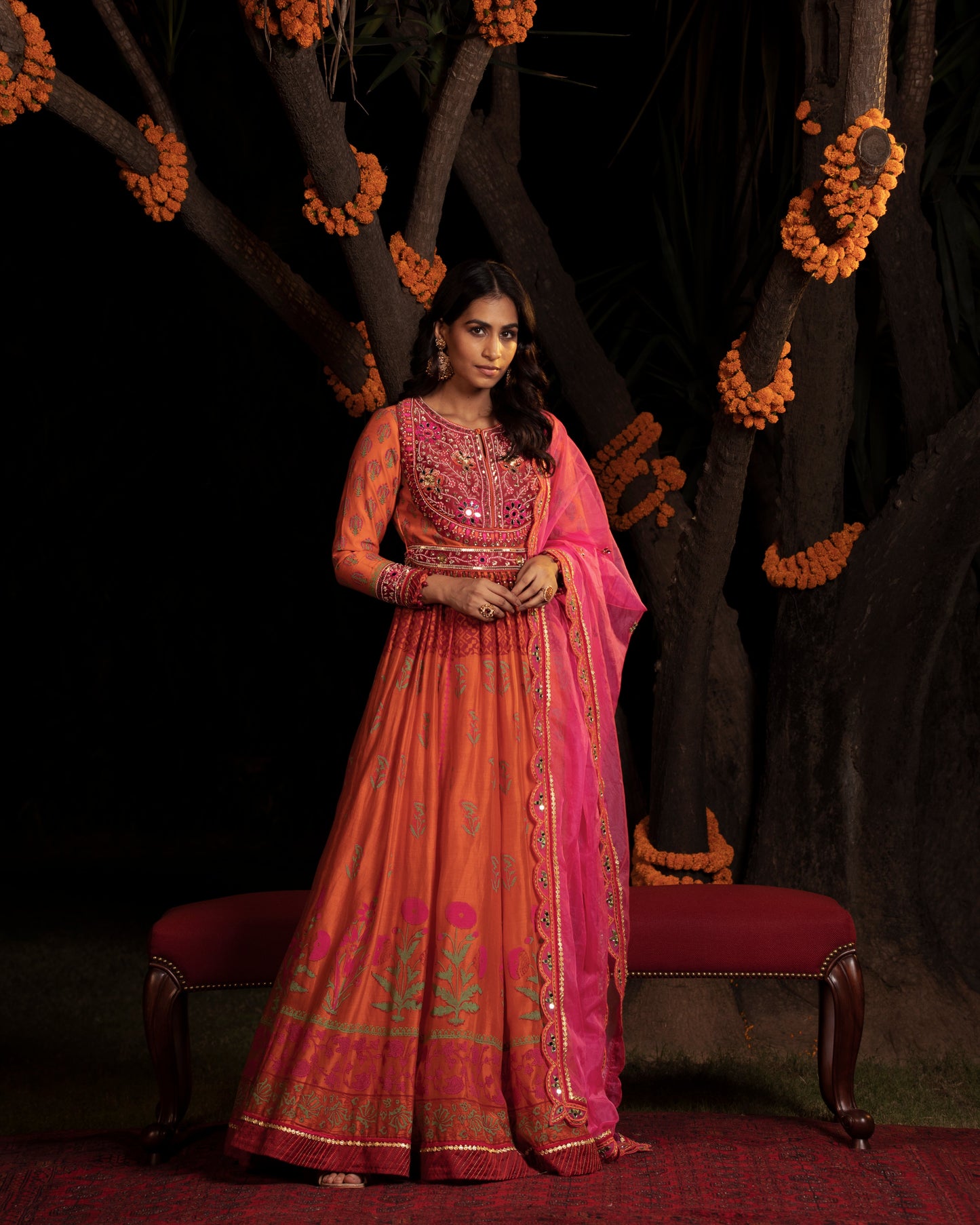 Orange block print anarkali set