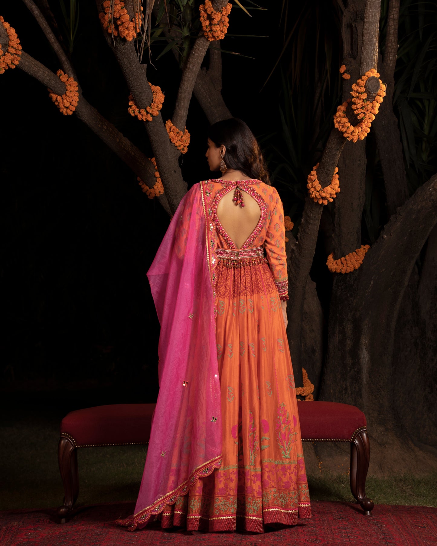 Orange block print anarkali set