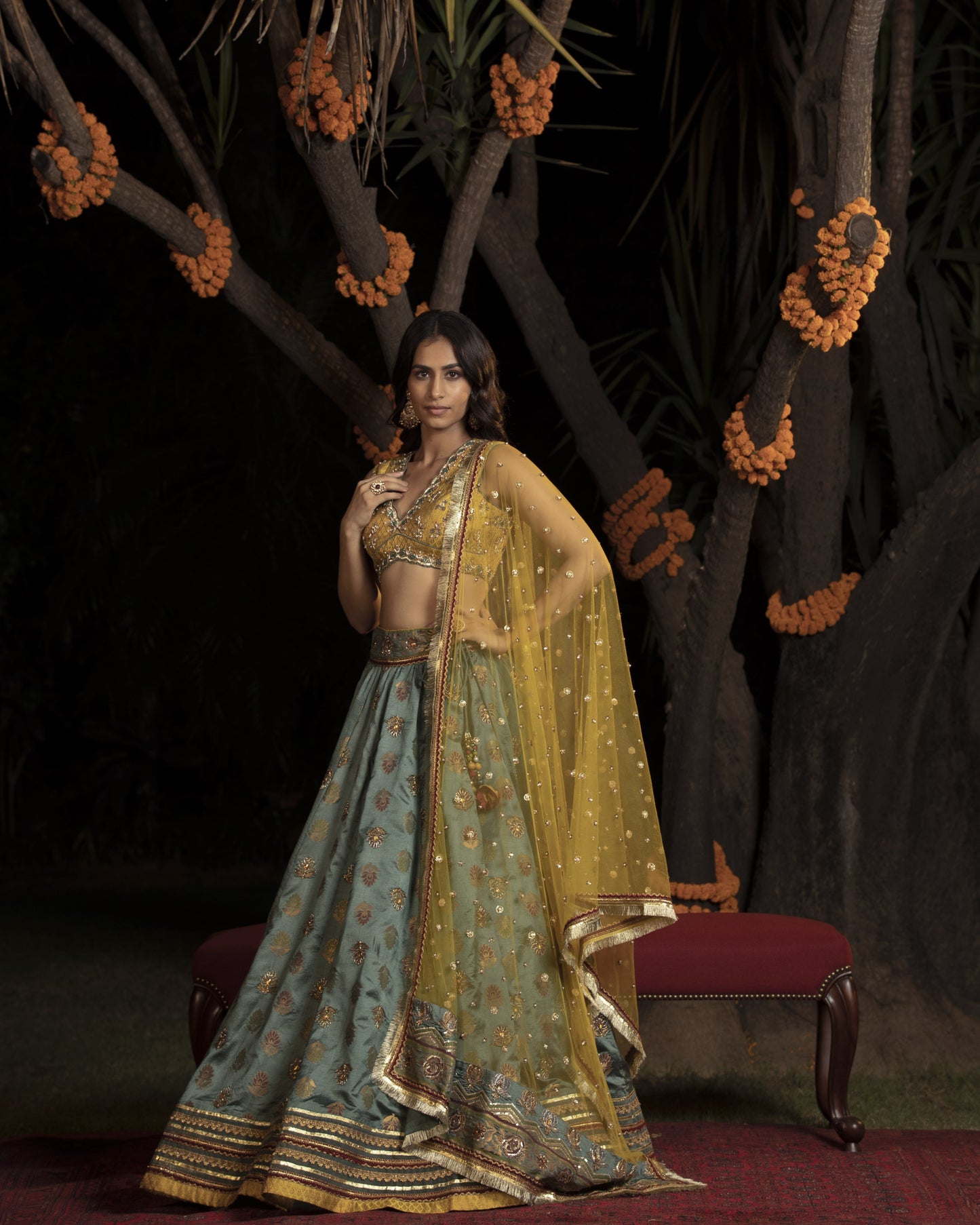 Teal-yellow brocade lehenga set