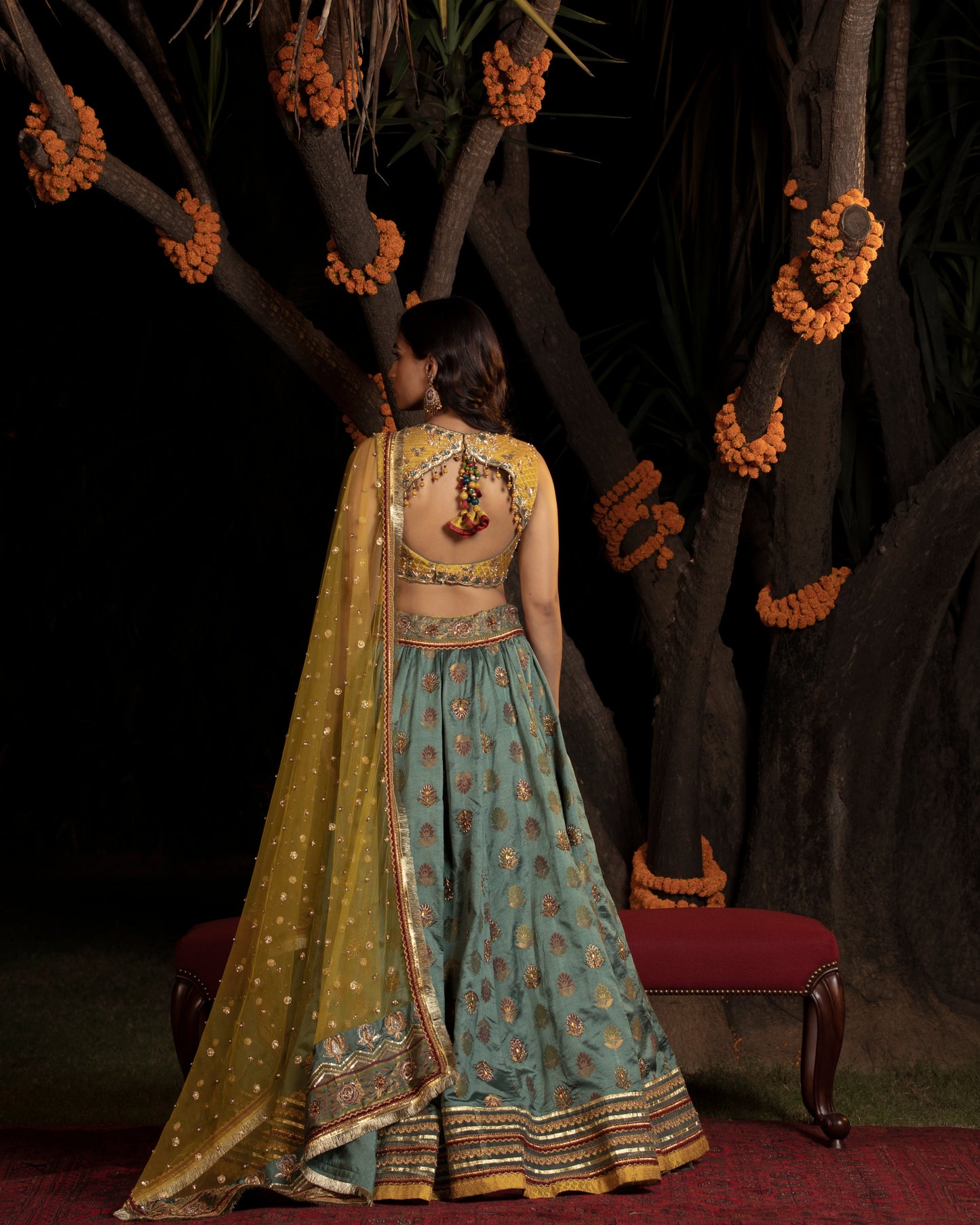 Teal-yellow brocade lehenga set