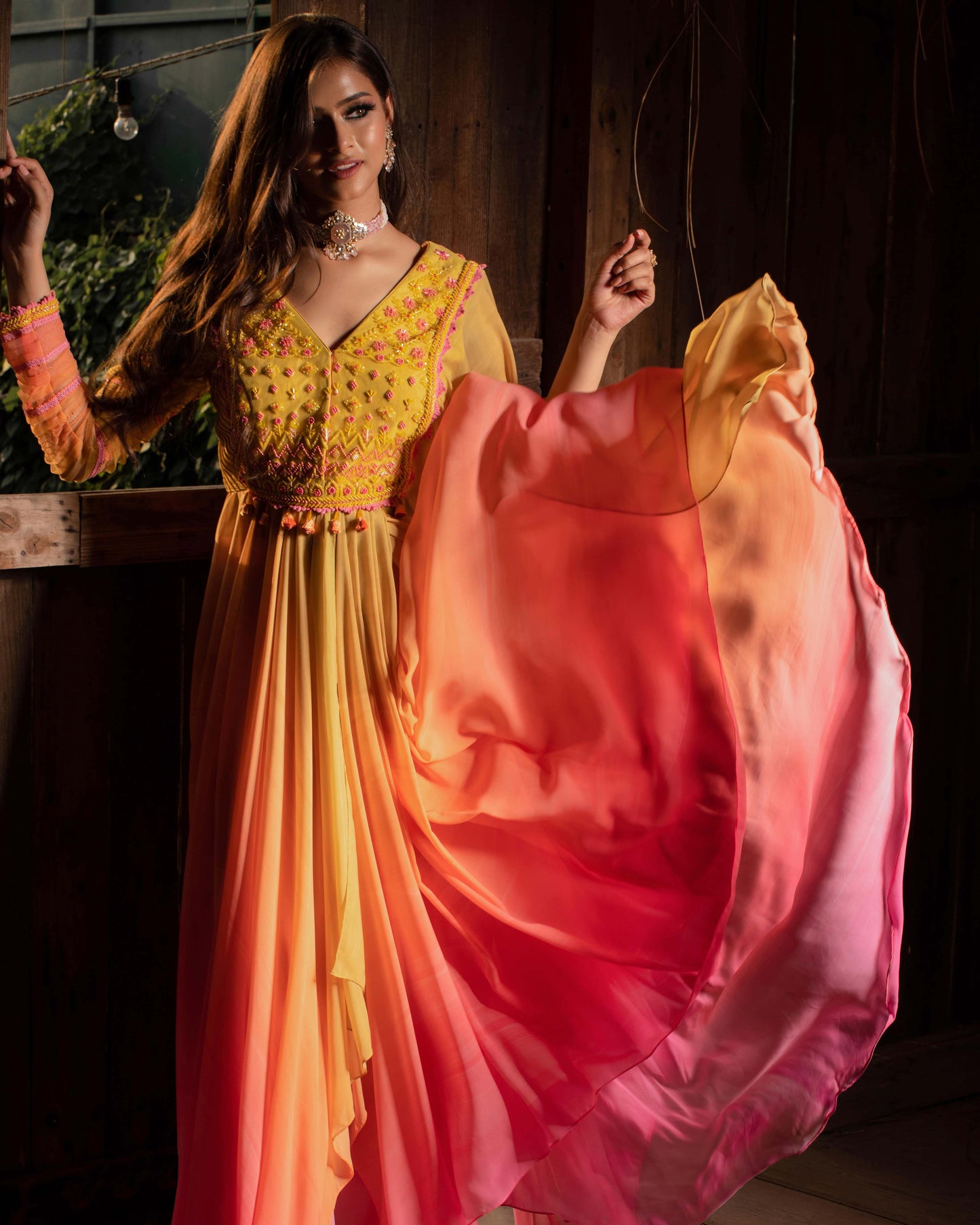 Yellow pink draped KURTA SET