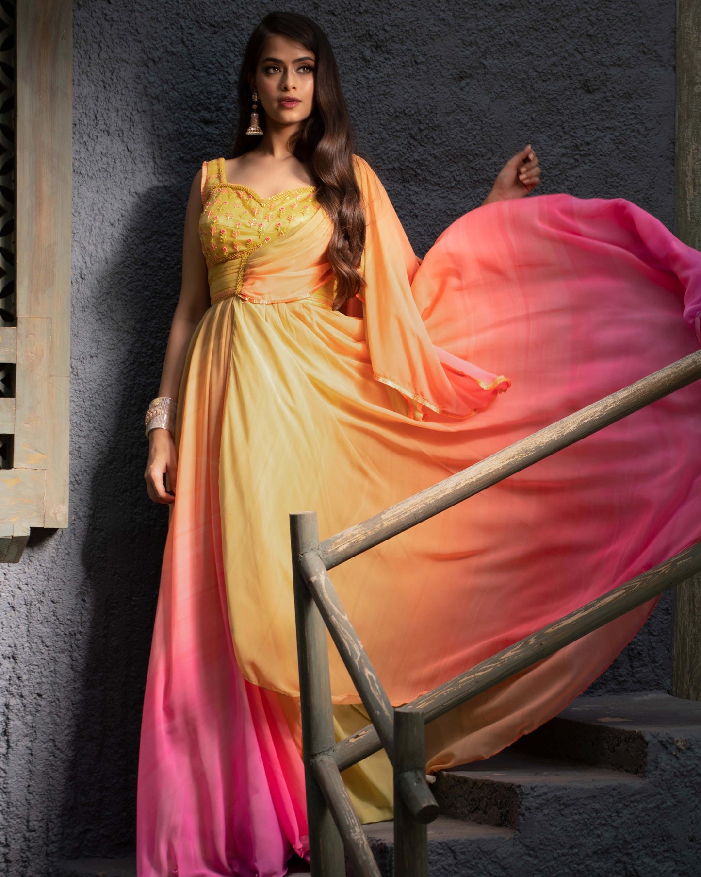 Yellow pink draped anarkali