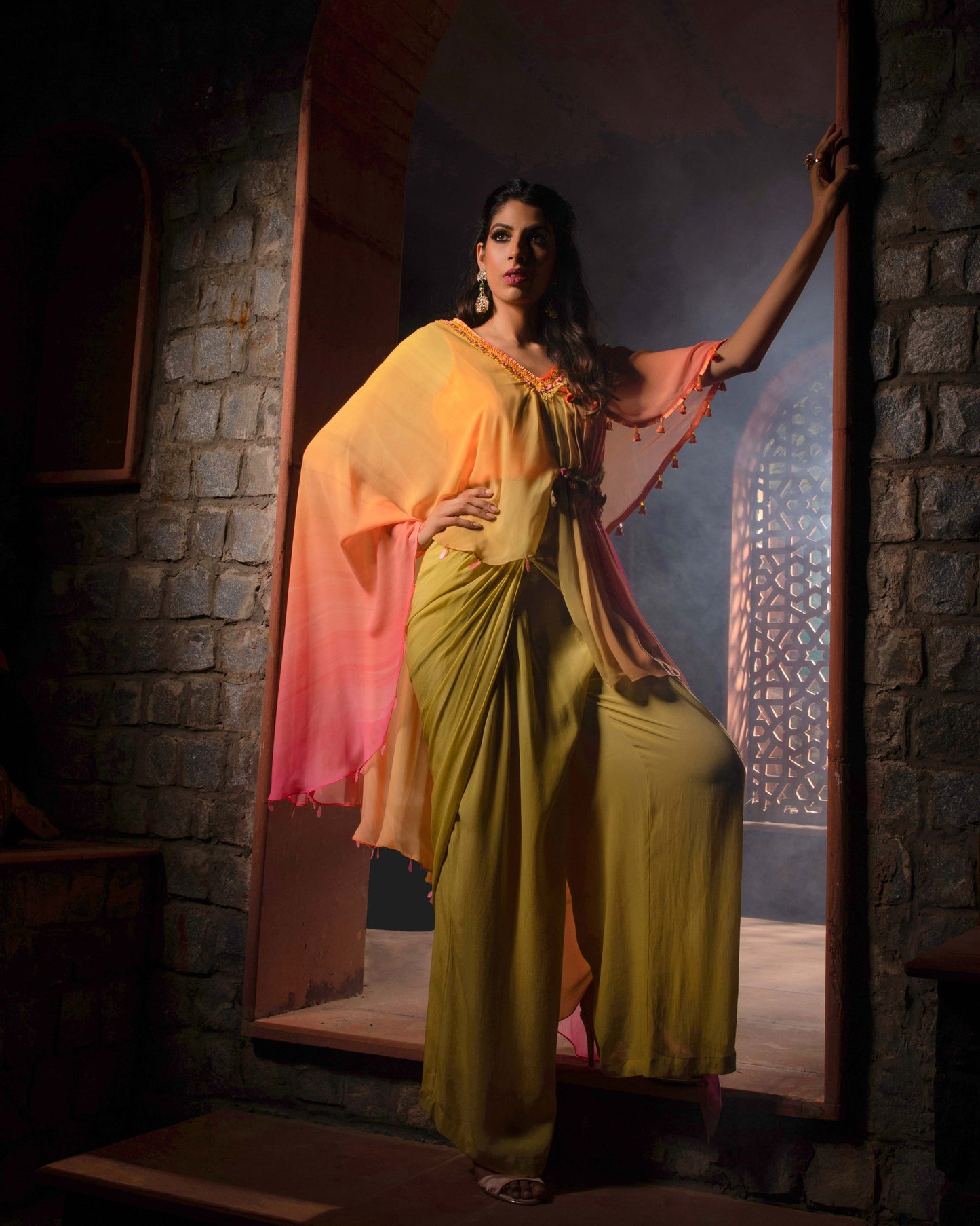 Yellow Pink Asymmetrical Draped Kurta And Pants