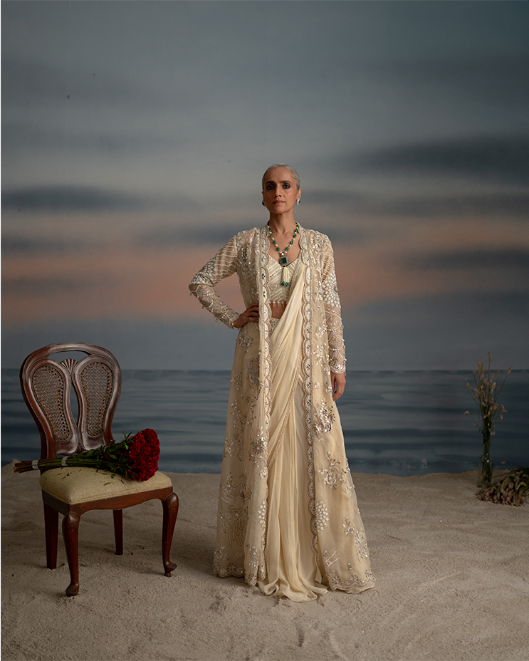 Ivory Long Jacket Saree Set