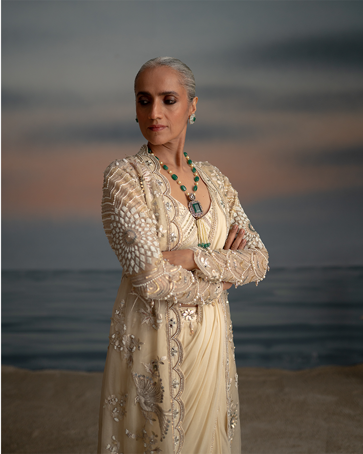 Ivory Long Jacket Saree Set