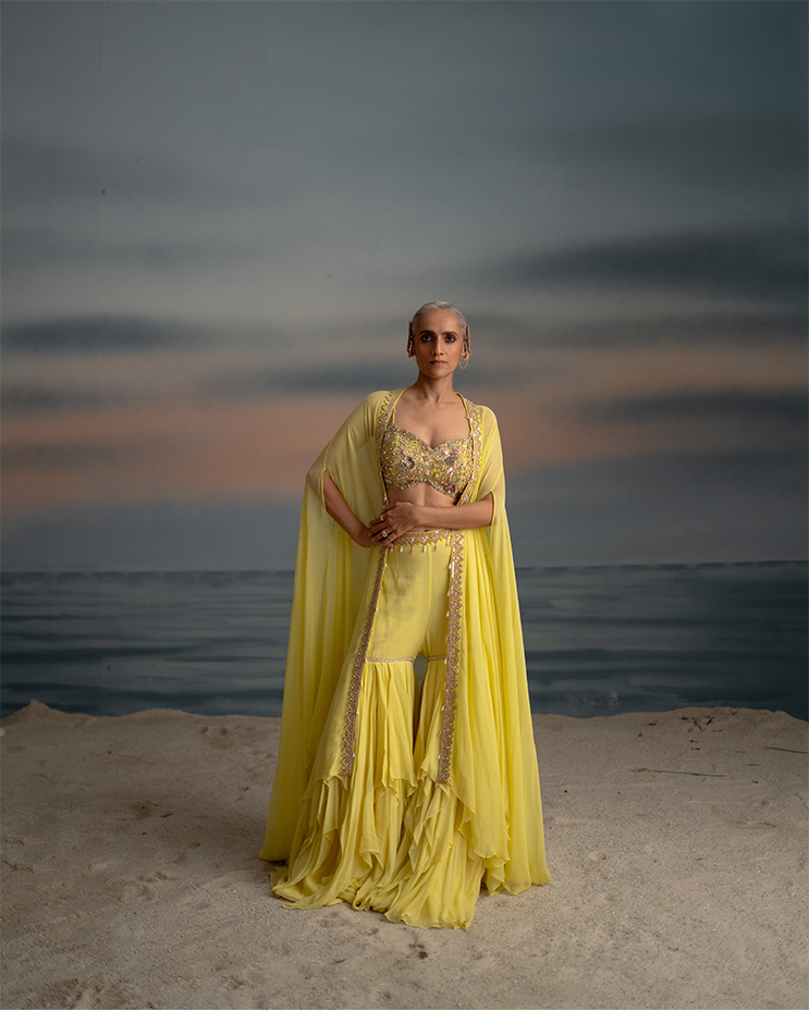 Yellow Georgette Sharara Pants & Cape