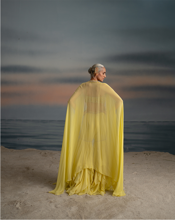 Yellow Georgette Sharara Pants & Cape