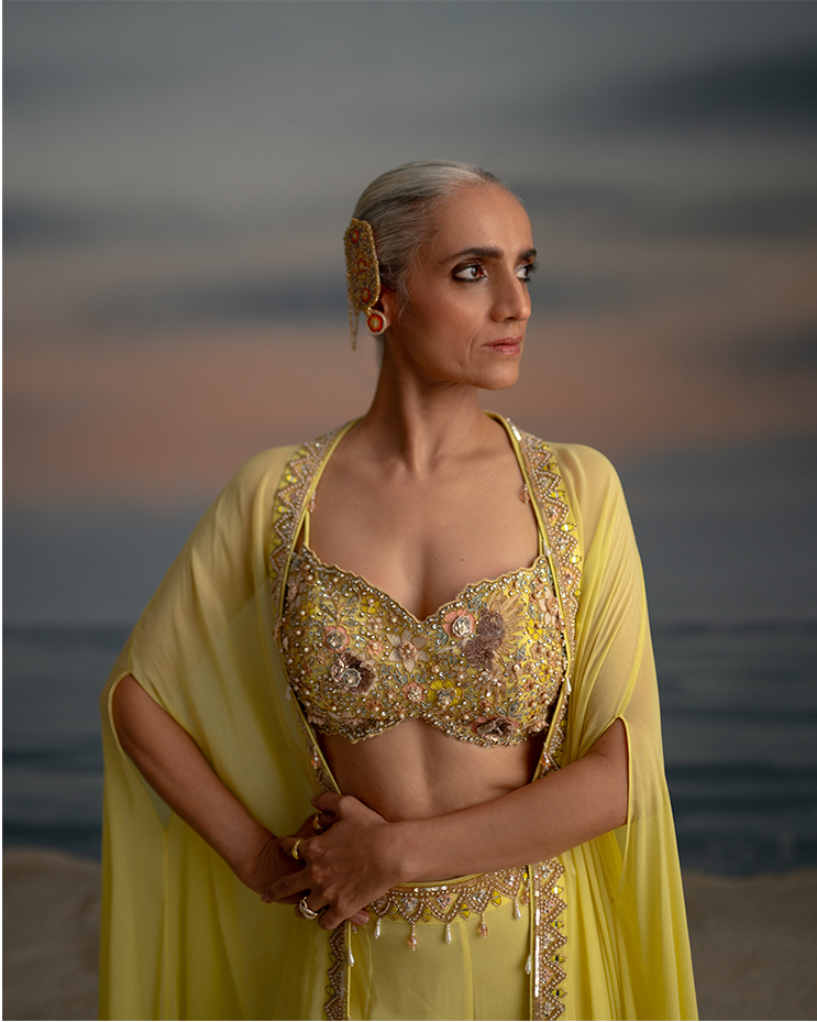 Yellow Georgette Sharara Pants & Cape
