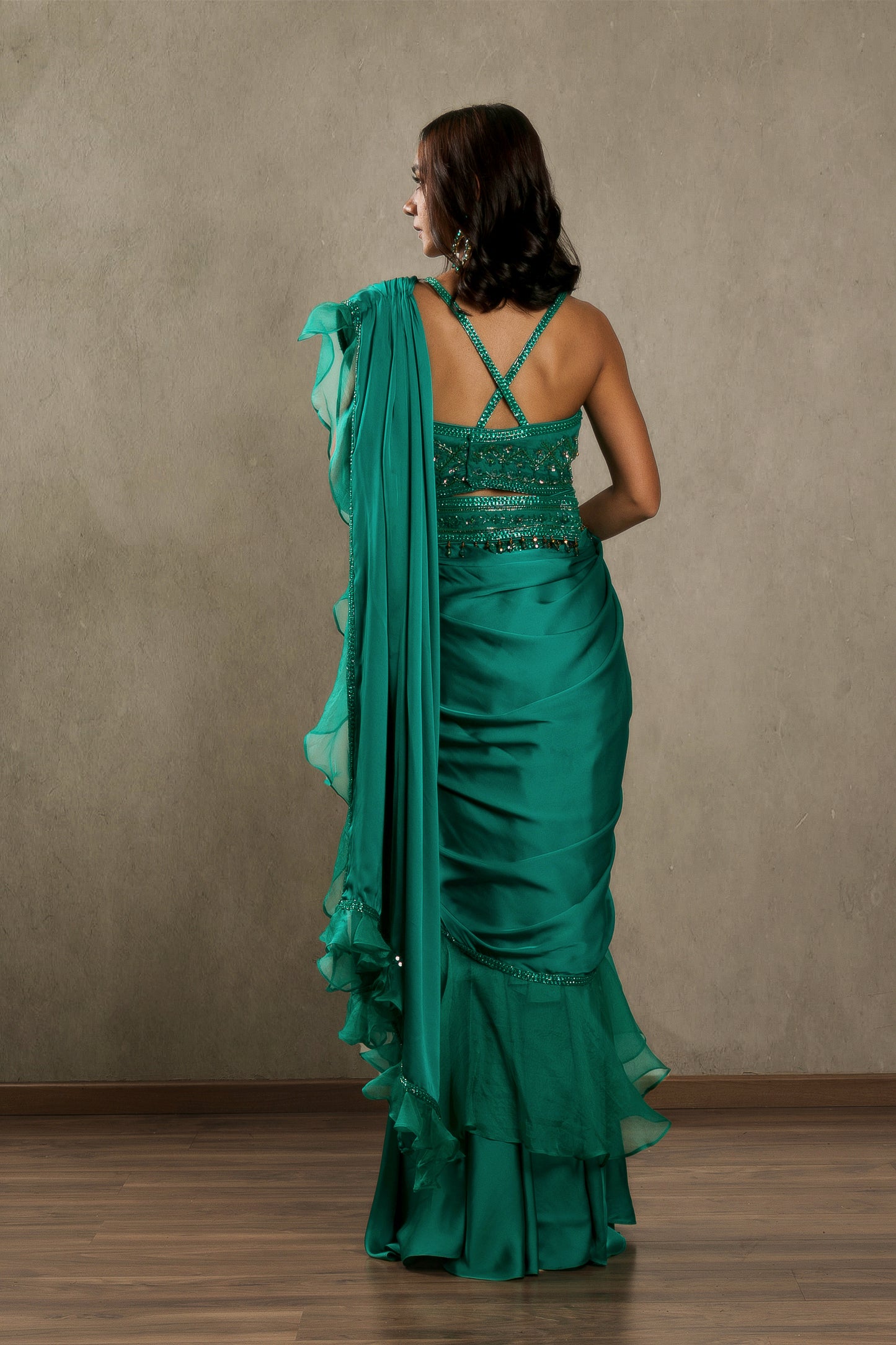 Satin Organza Concept Saree Paired With Embellished Halter Blouse And Belt