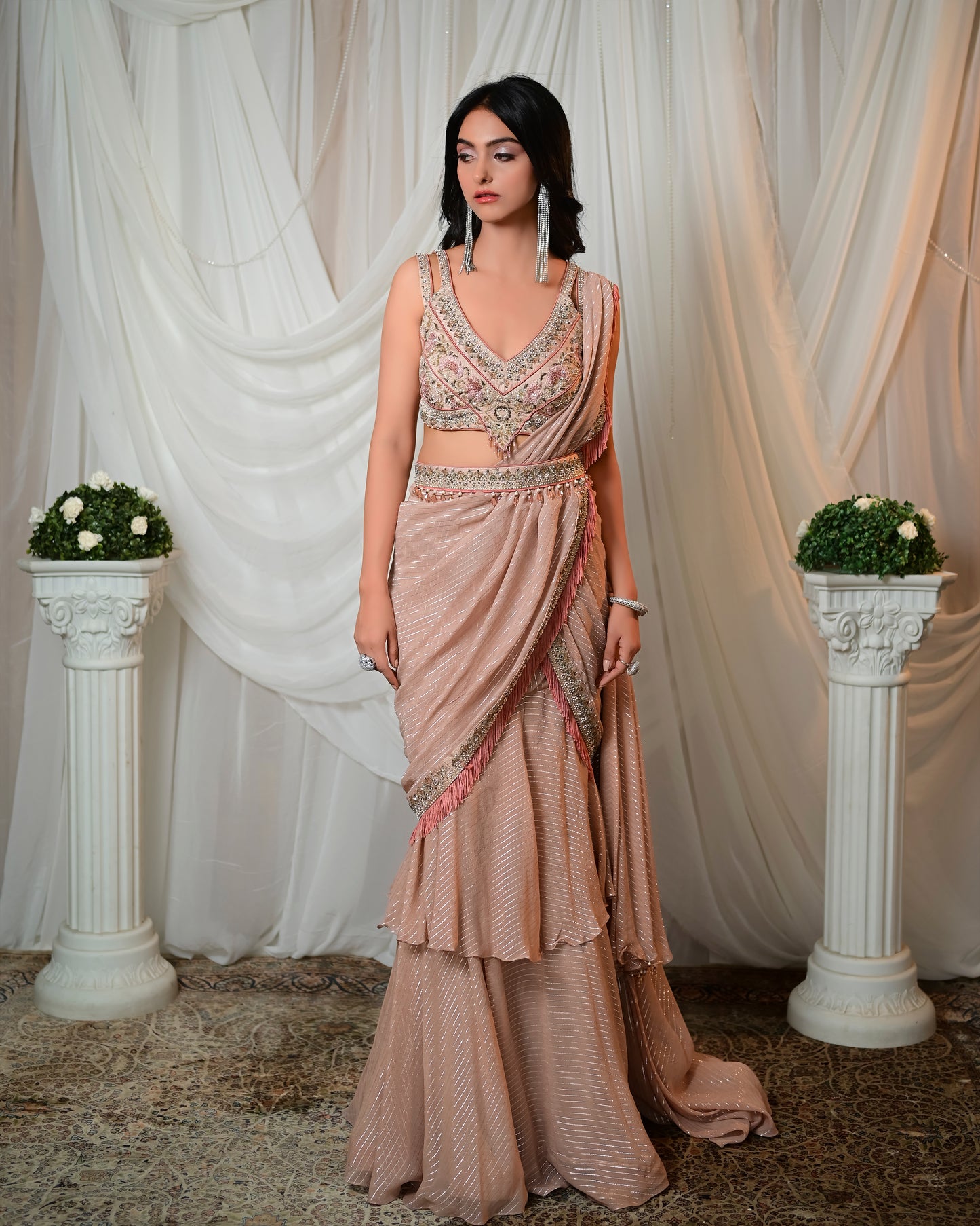 Old rose draped saree with belt