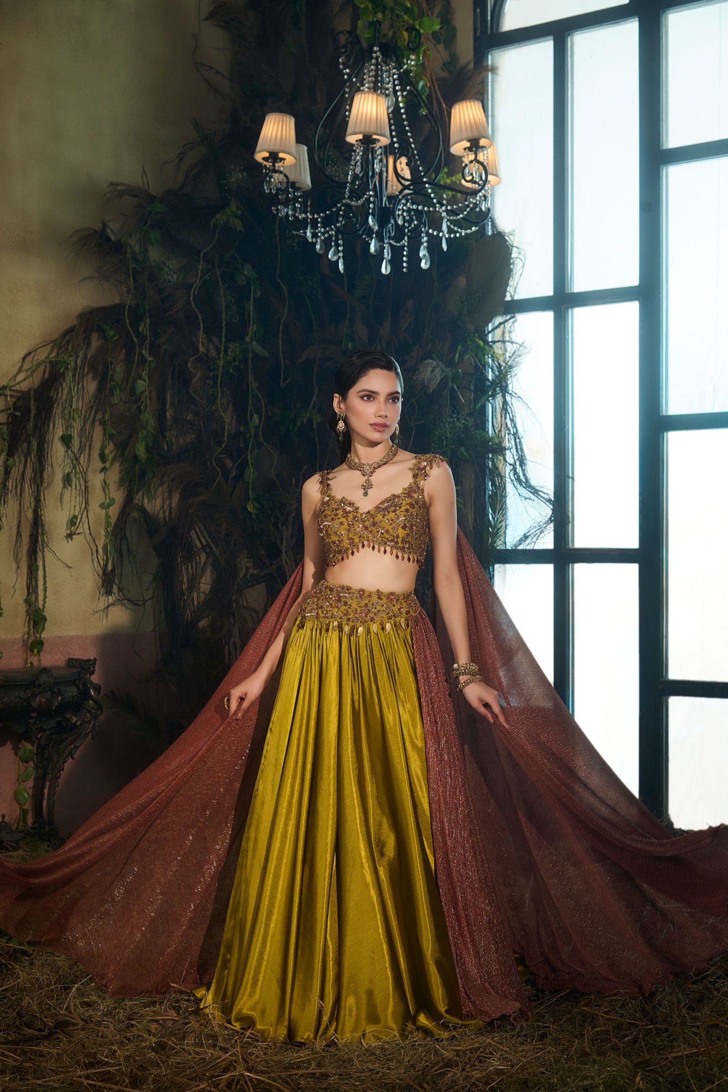Olive draped lehenga