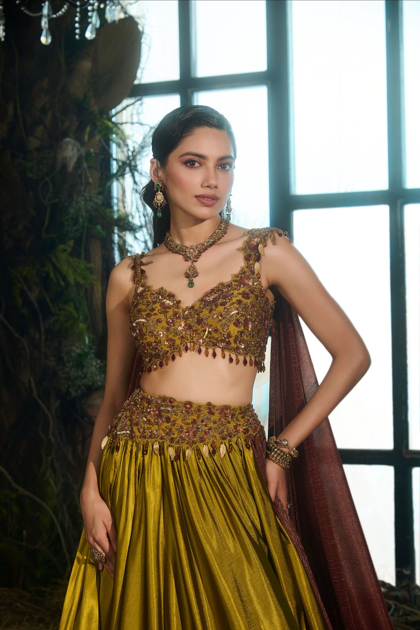 Olive draped lehenga