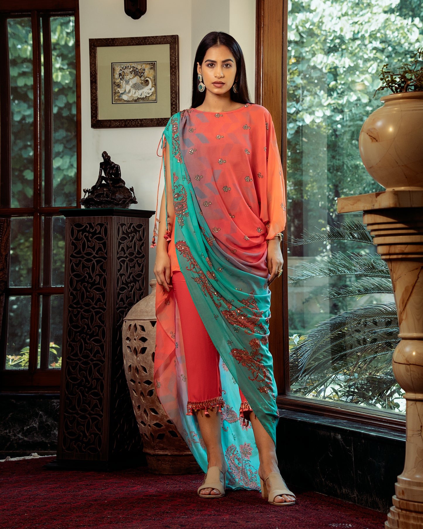 Fleur peach asymmetrical kurta and pants