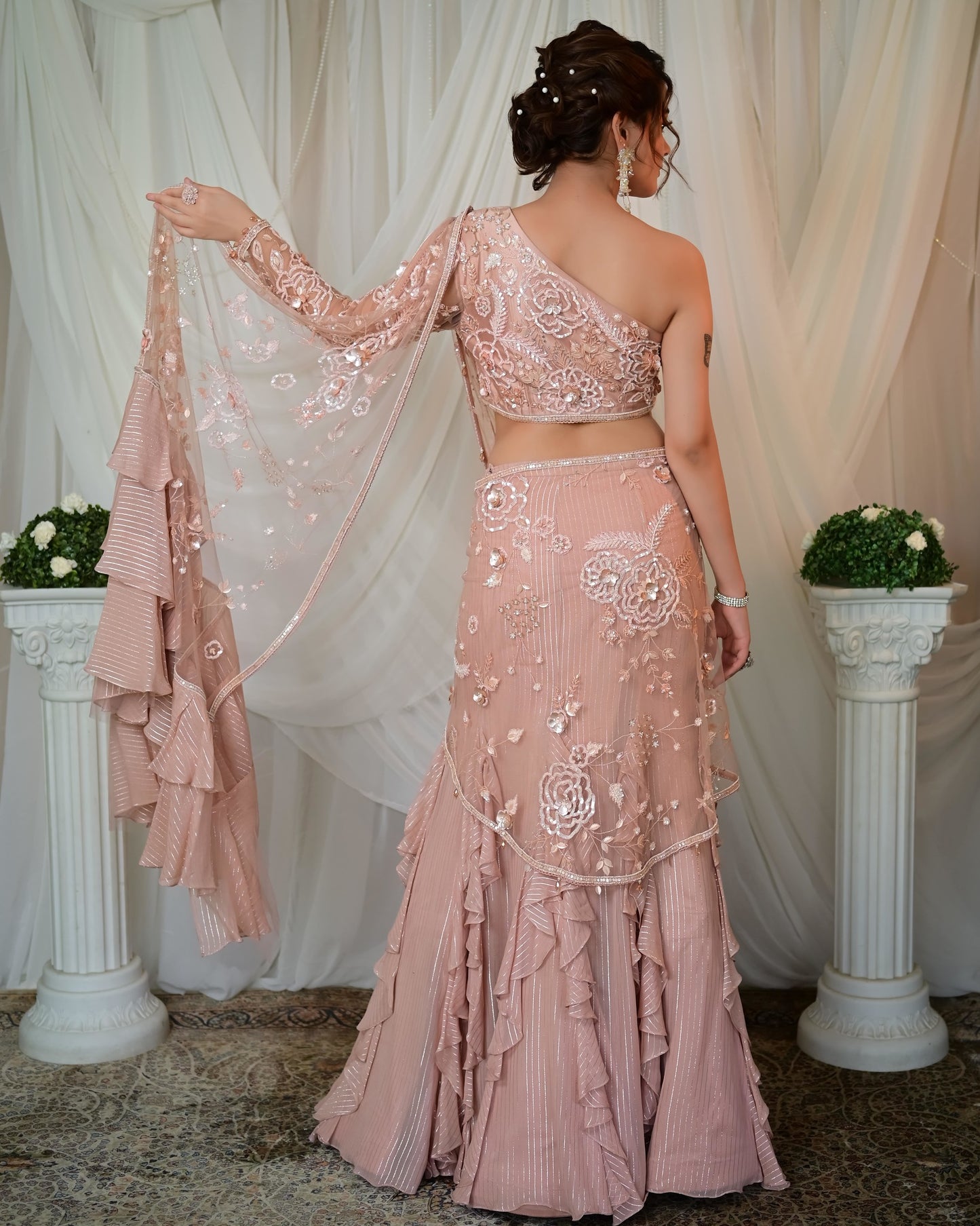 Old rose frill draped saree