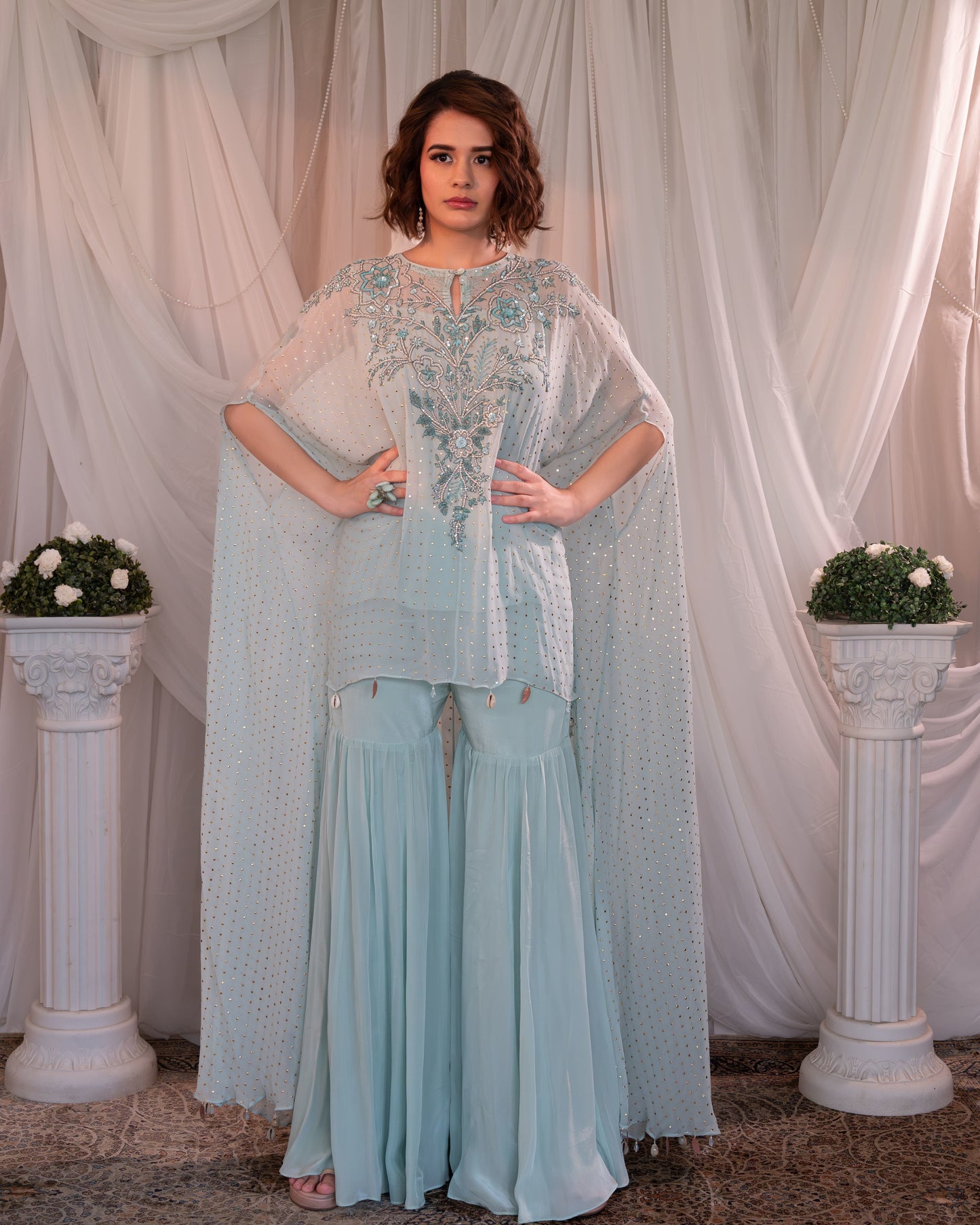 Sky blue hi-low kurta, sharara set