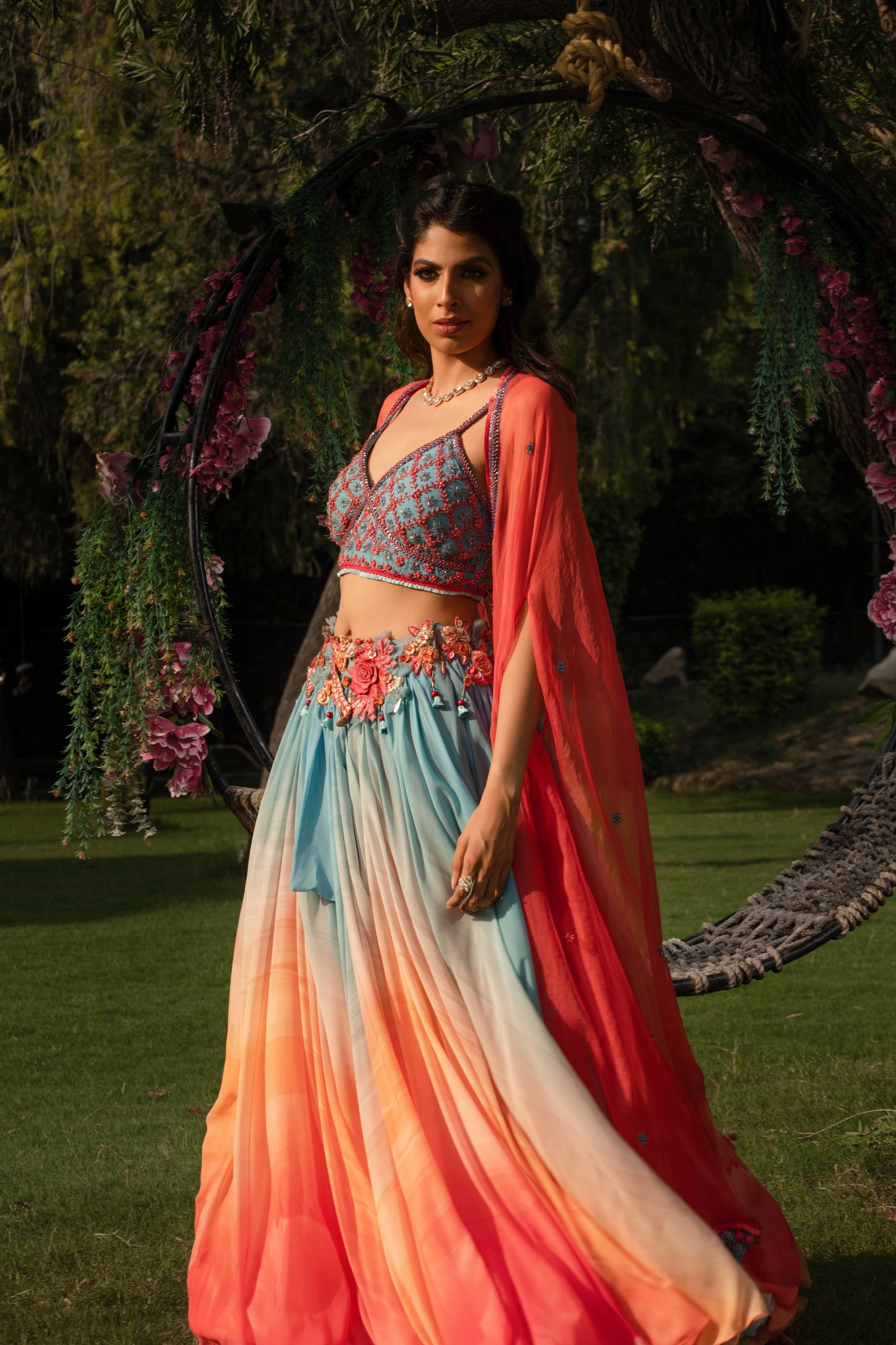 Blue Coral Lehenga, Blouse, Cape