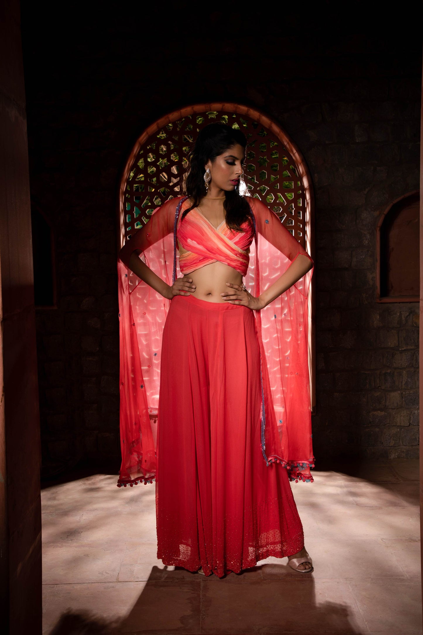 Coral sharara cape set