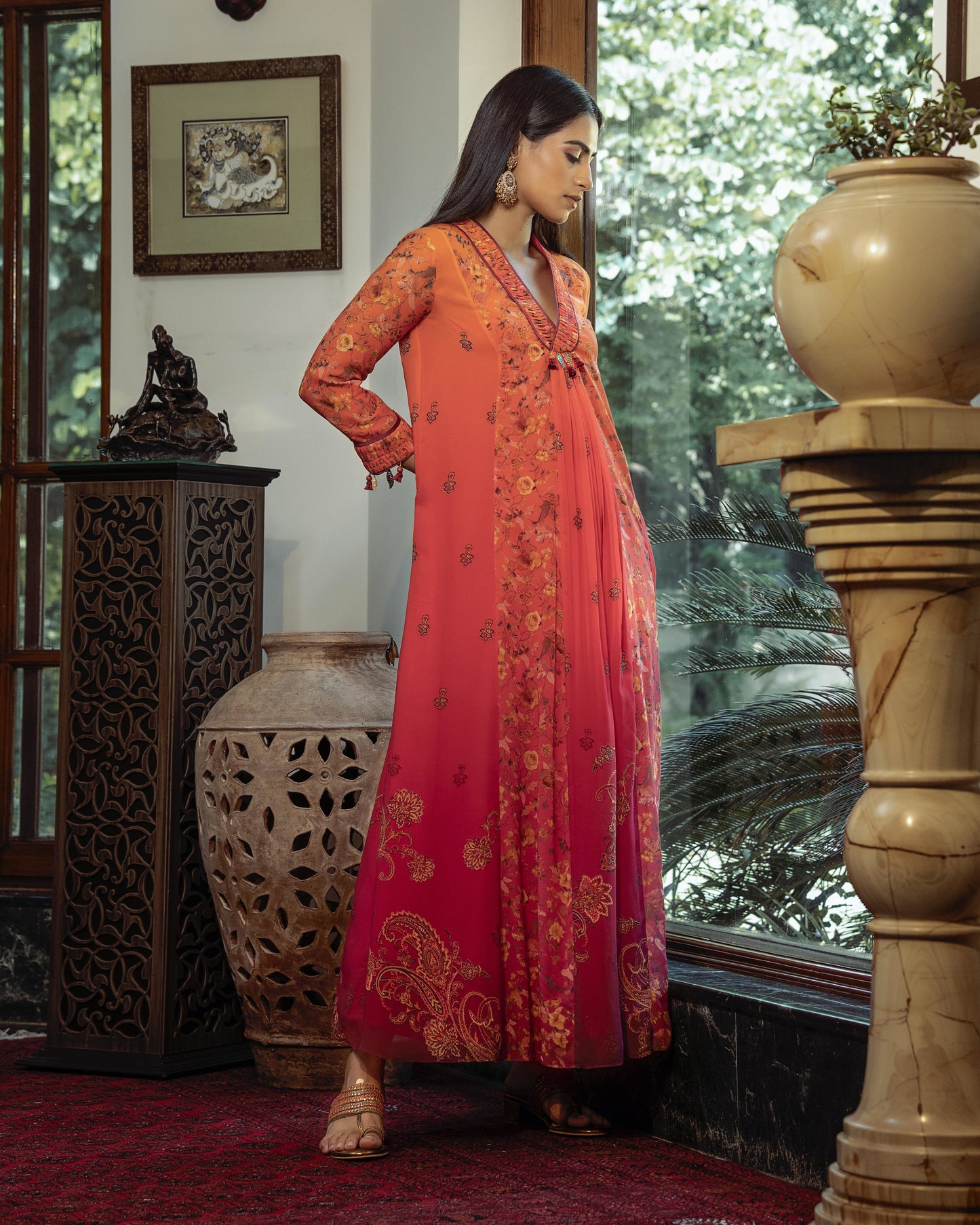 Fleur orange kalidar kurta set